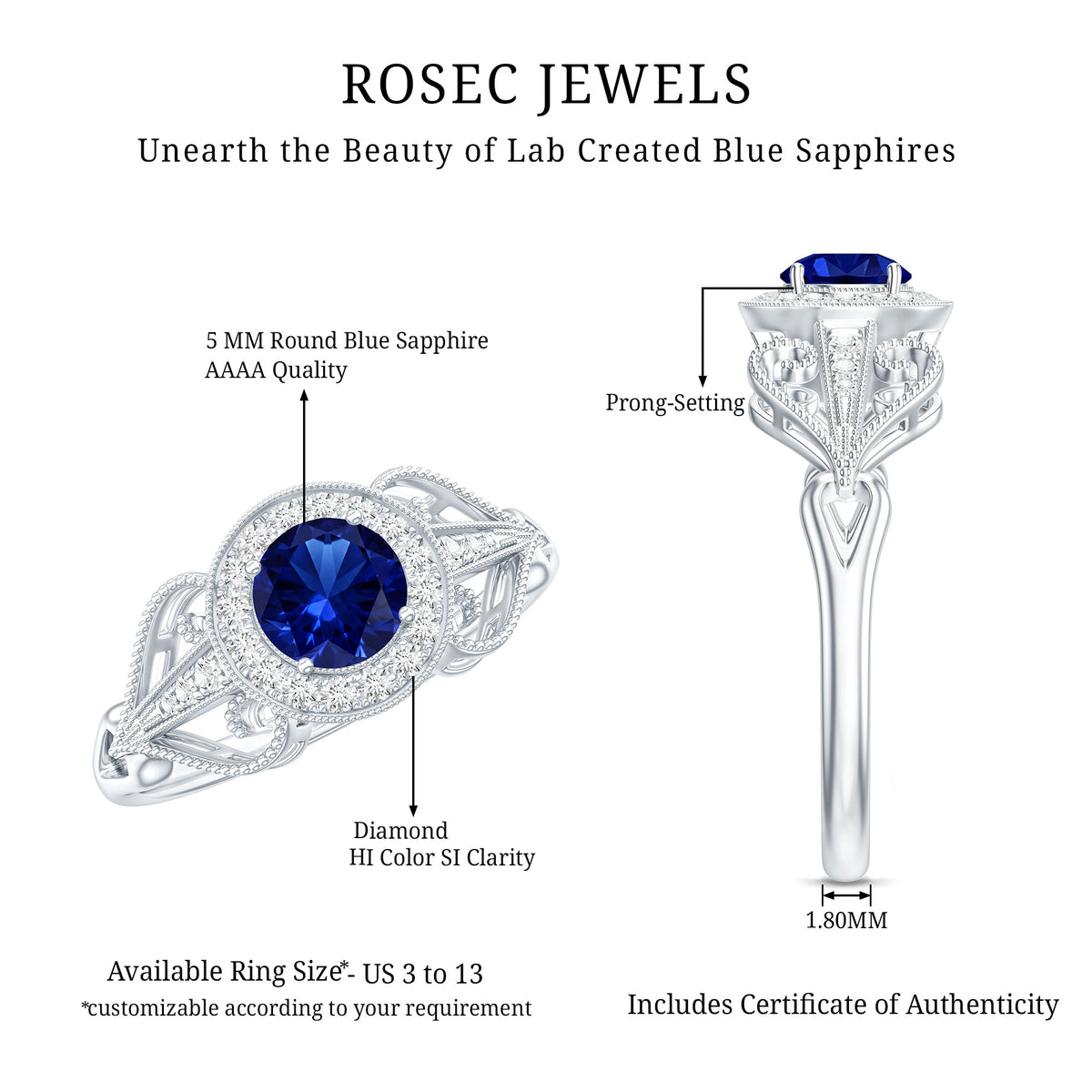 Certified 0.6 Carat Lab Grown Blue Sapphire Retro Engagement Ring with Diamond AAAA - Rosec Jewels