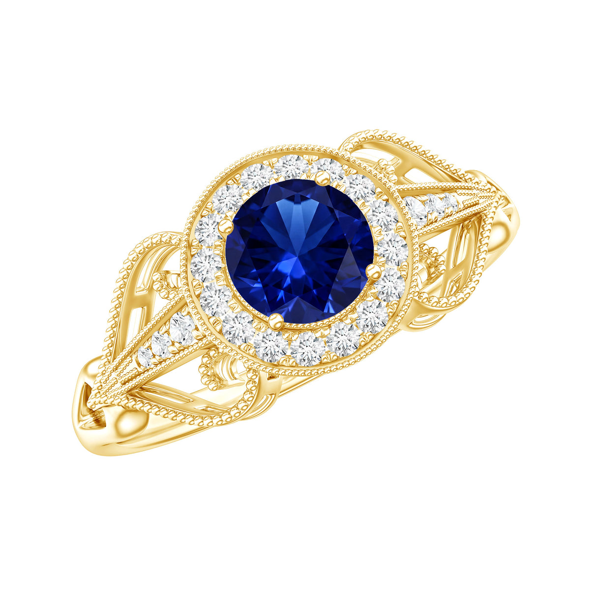 Certified 0.6 Carat Lab Grown Blue Sapphire Retro Engagement Ring with Diamond AAAA - Rosec Jewels