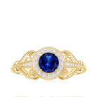 Certified 0.6 Carat Lab Grown Blue Sapphire Retro Engagement Ring with Diamond AAAA - Rosec Jewels