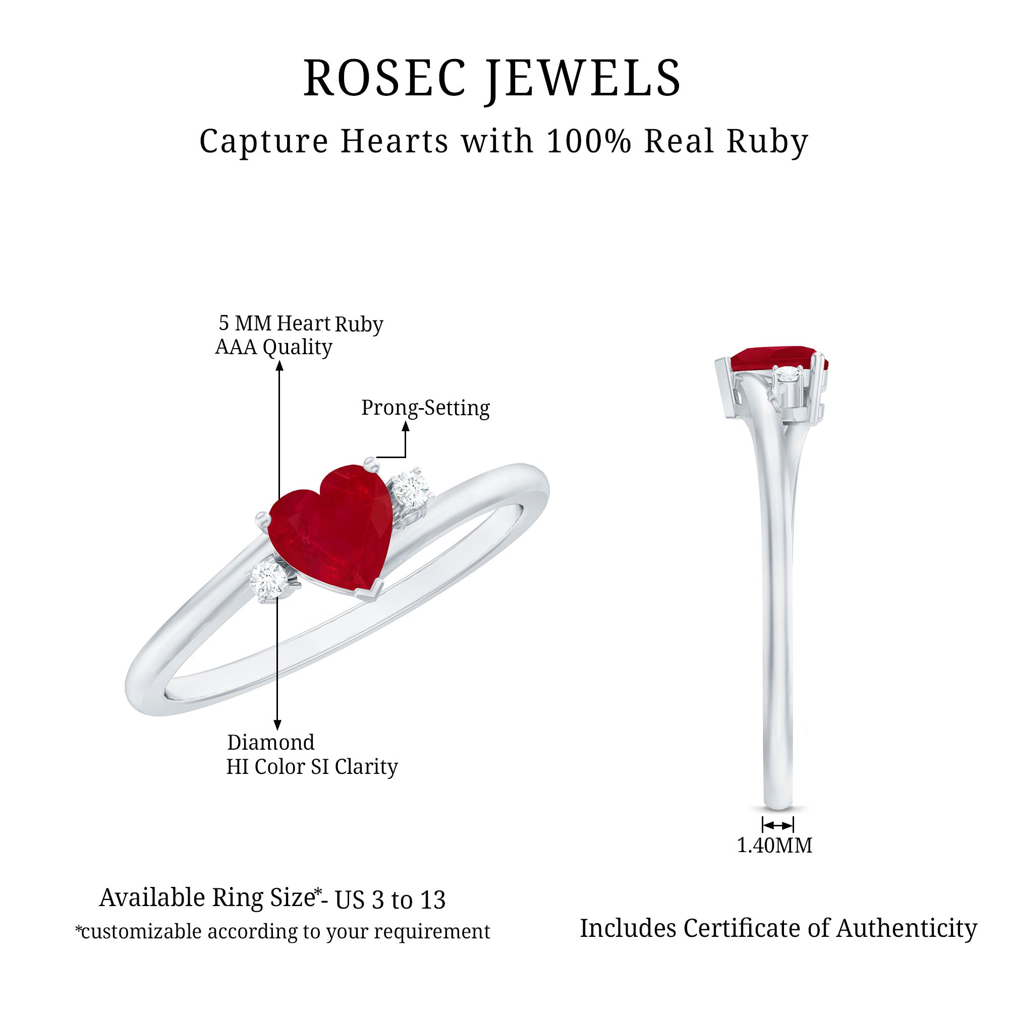 Rosec Jewels-Real 0.6 Carat Ruby Diamond Heart Promise Ring with Bypass Shank