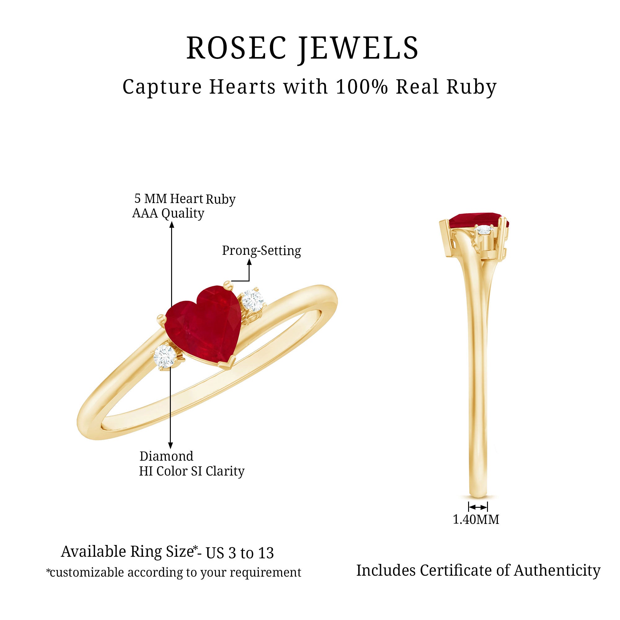 Rosec Jewels-Real 0.6 Carat Ruby Diamond Heart Promise Ring with Bypass Shank