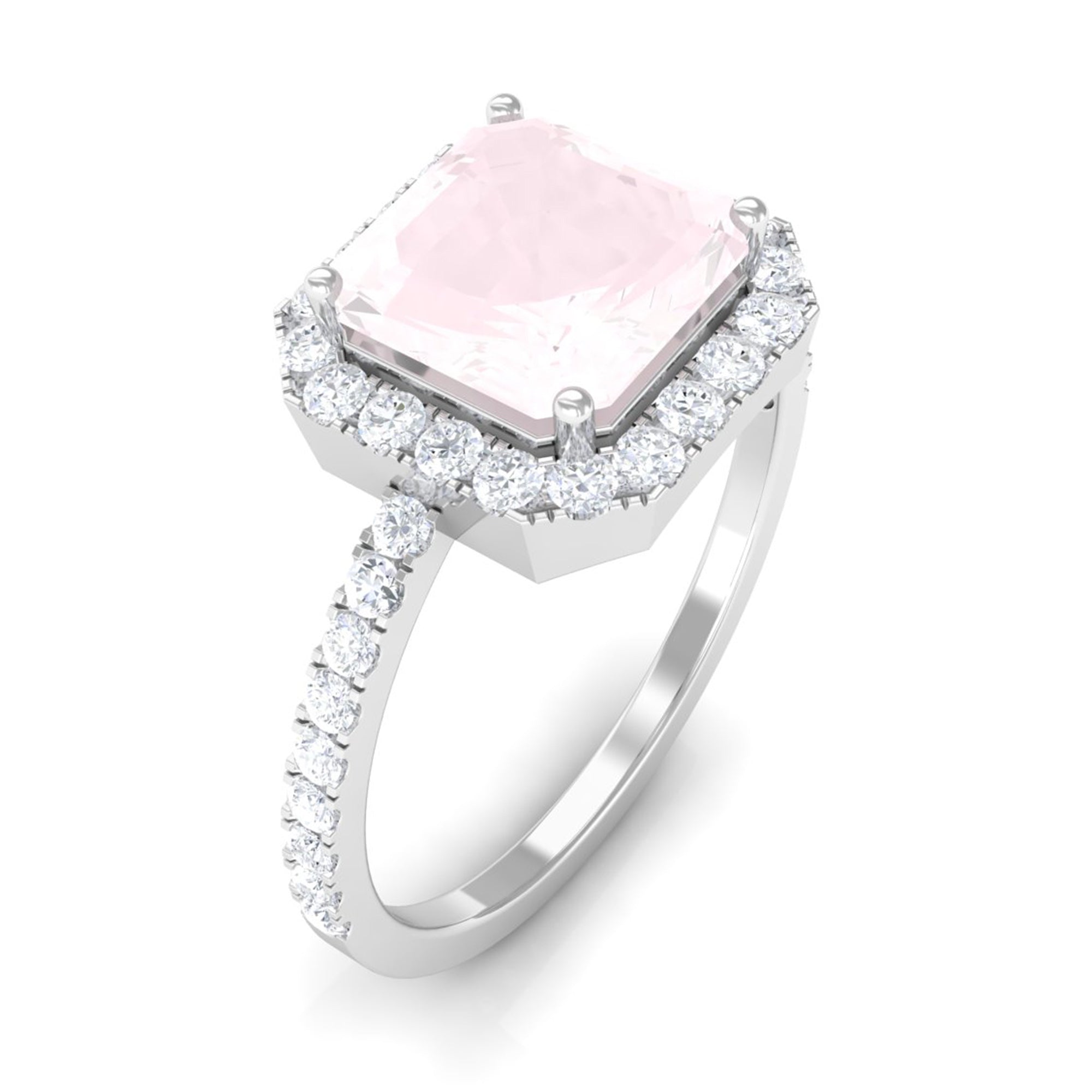 Asscher Cut Rose Quartz Halo Engagement Ring with Diamond Rose Quartz - ( AAA ) - Quality - Rosec Jewels