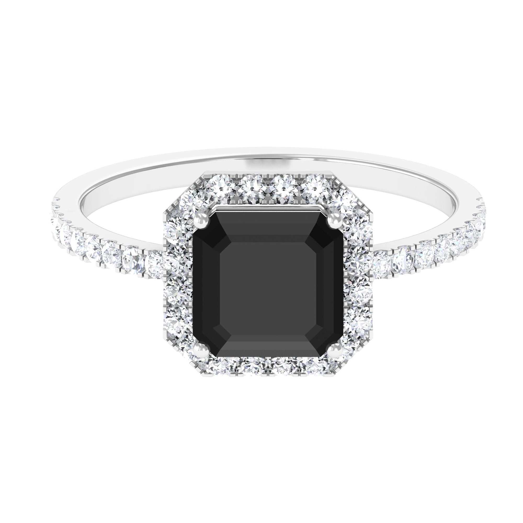 Asscher Cut Black Onyx Halo Engagement Ring with Diamond Black Onyx - ( AAA ) - Quality - Rosec Jewels