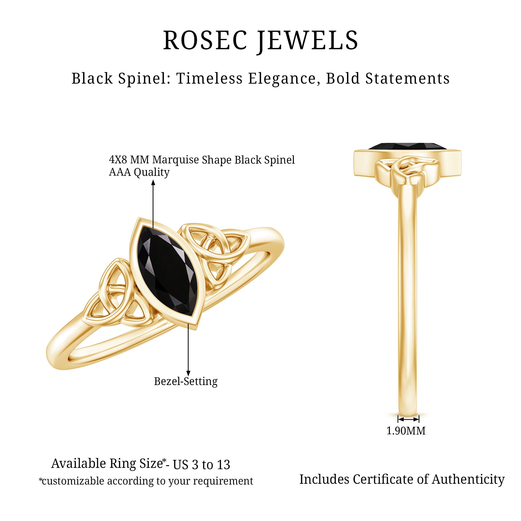 Marquise Shape Black Spinel Solitaire Promise Ring AAA - Rosec Jewels