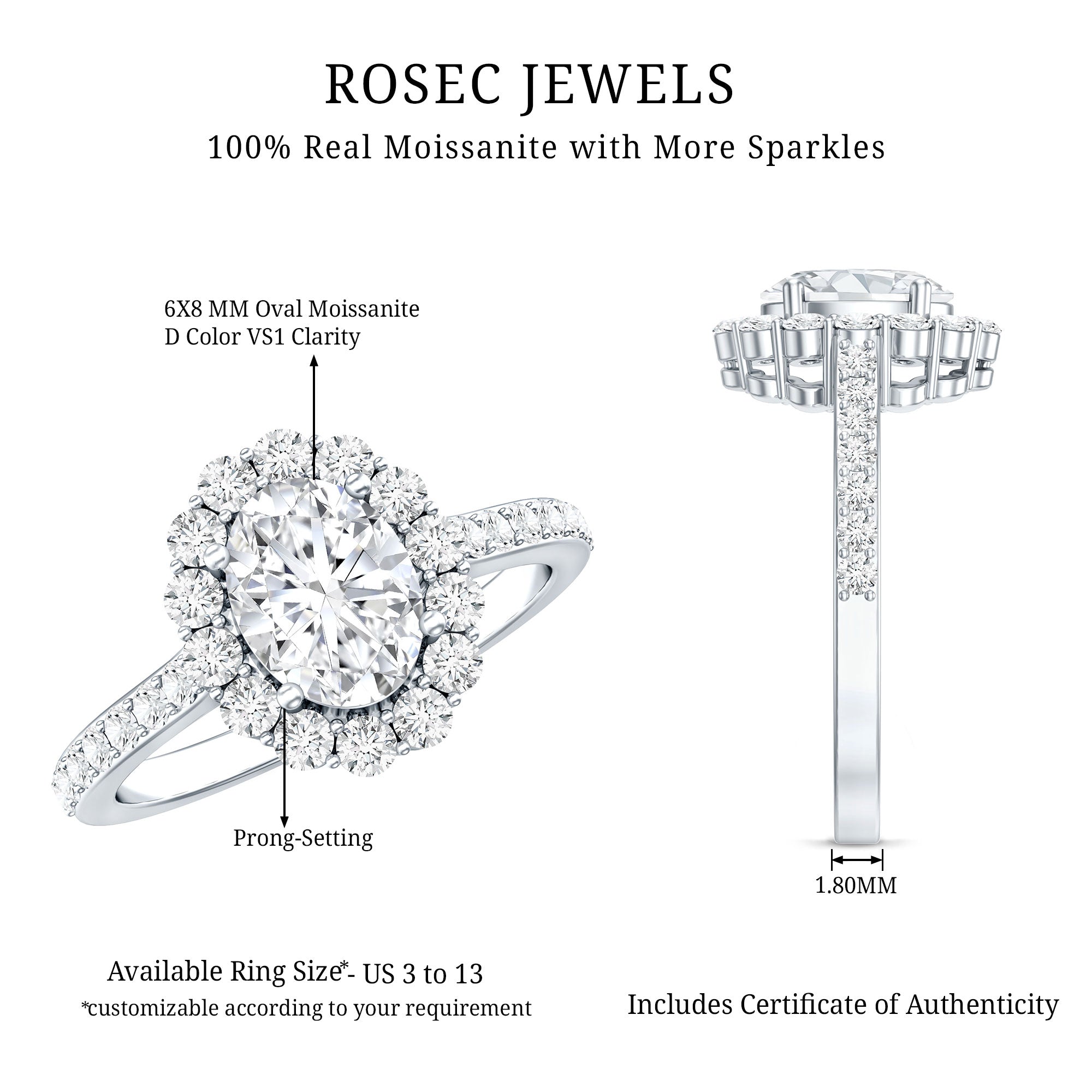 Certified 1.2 Carat Moissanite Oval Halo Engagement Ring for Women D-VS1 - Rosec Jewels