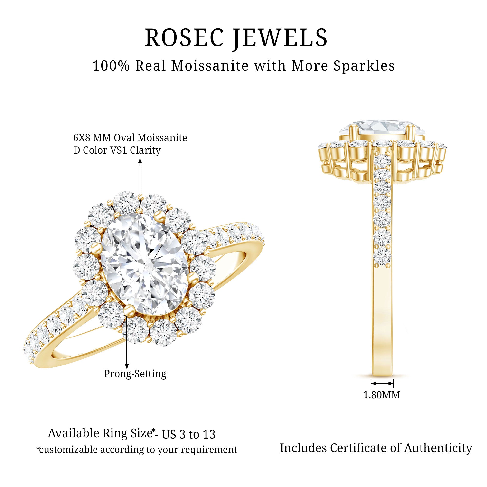 Certified 1.2 Carat Moissanite Oval Halo Engagement Ring for Women D-VS1 - Rosec Jewels