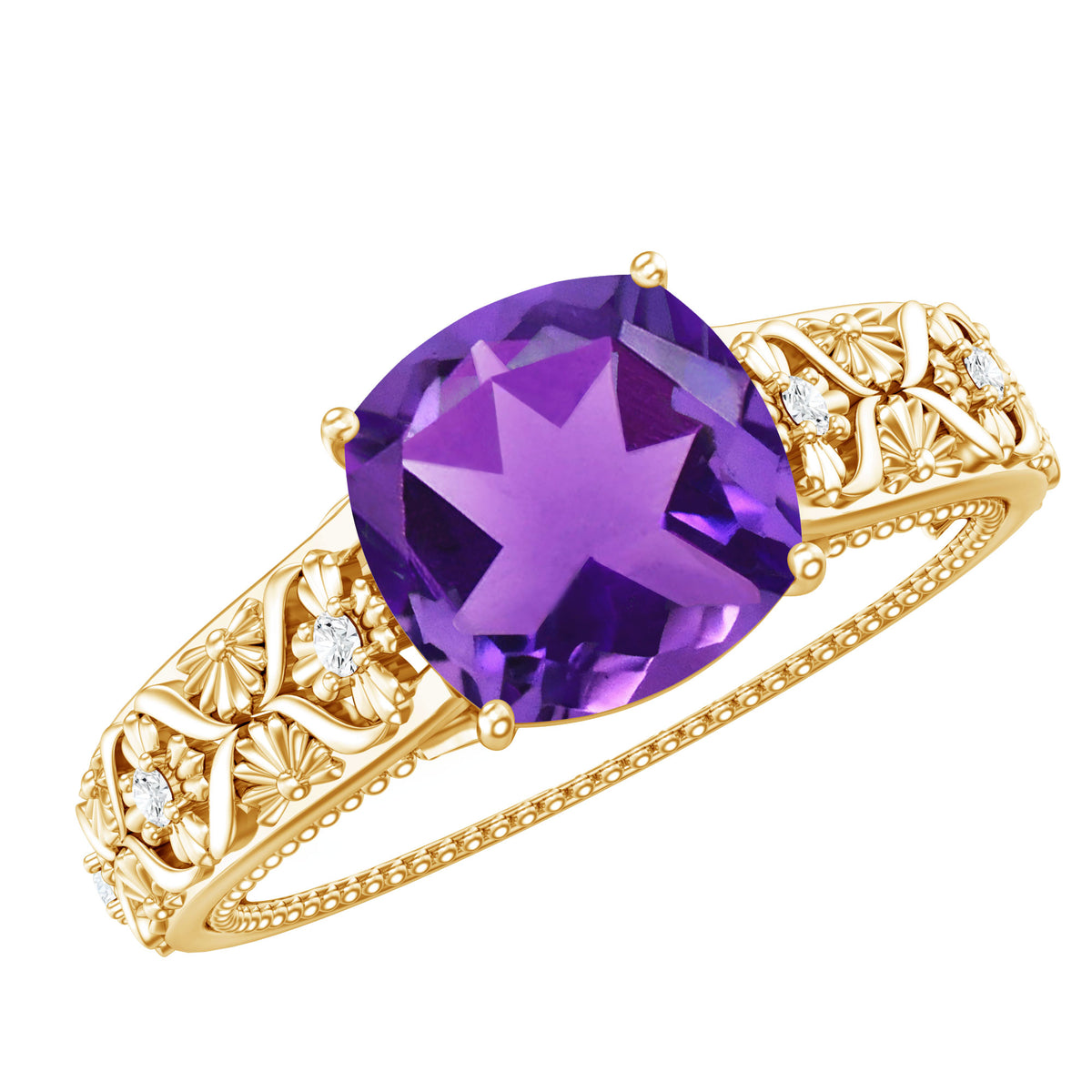 Vintage Inspired 2 Carat Amethyst Cushion Cut Engagement Ring with Diamond AAA - Rosec Jewels