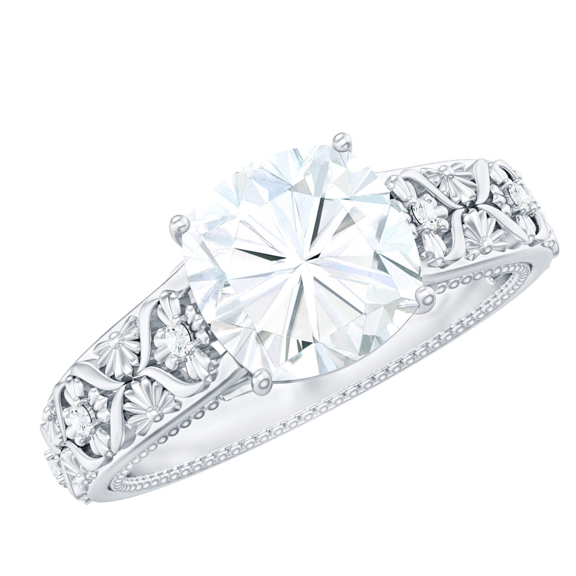 Cushion Cut Solitaire Zircon Gold Floral Engagement Ring