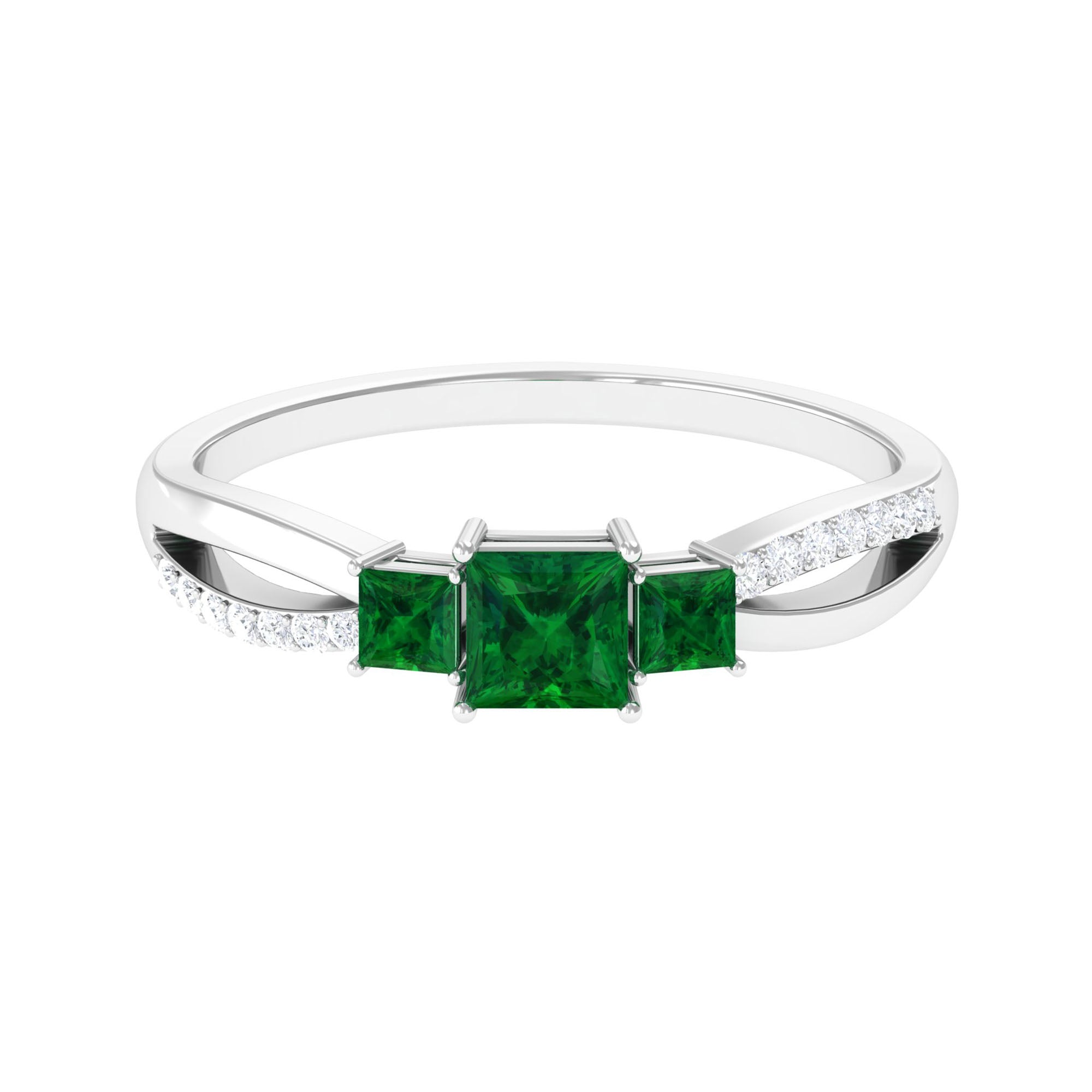 Princess Cut Created Emerald 3 Stone Ring with Diamond Lab Created Emerald - ( AAAA ) - Quality - Rosec Jewels