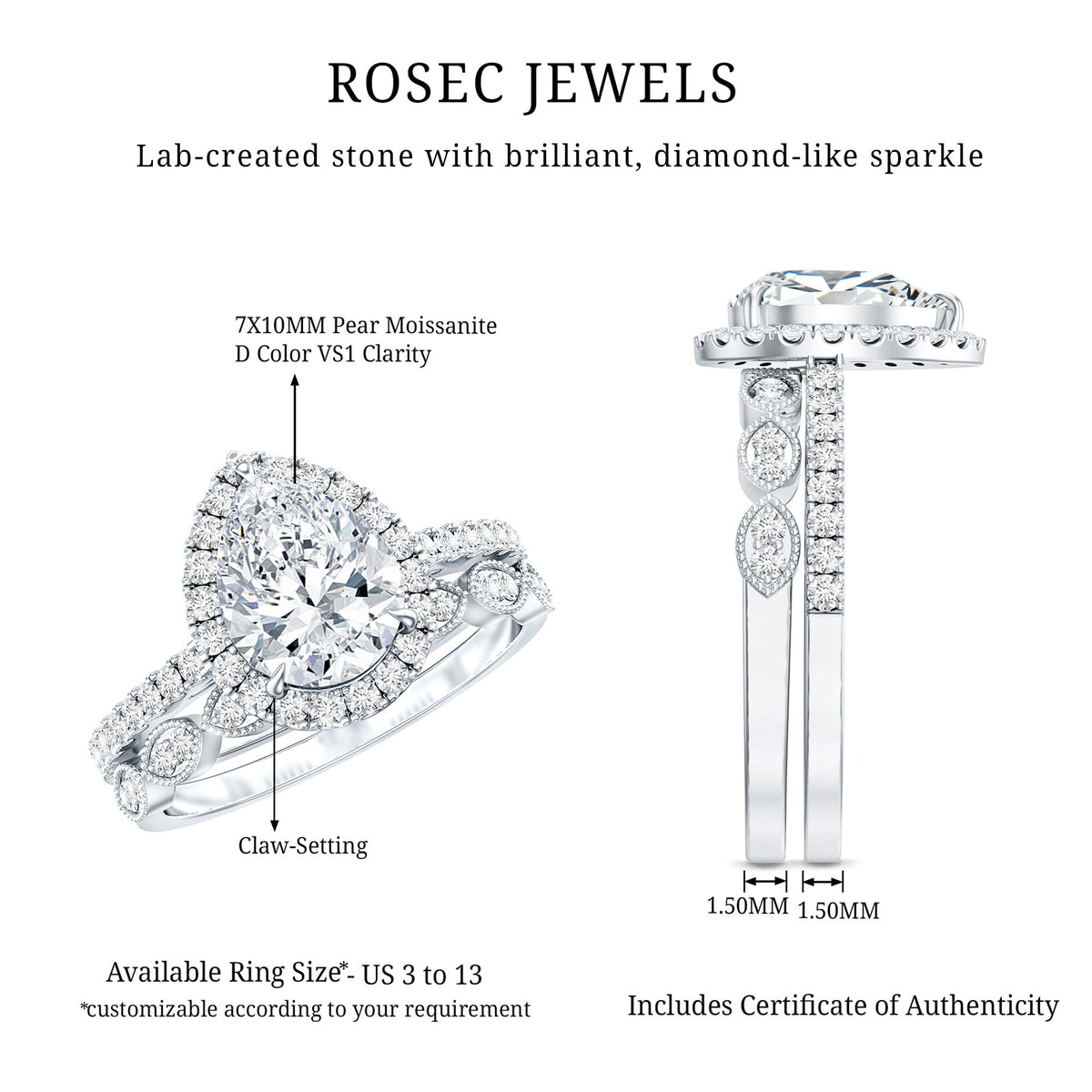 Certified Moissanite Teardrop Engagement Ring Set D-VS1 - Rosec Jewels