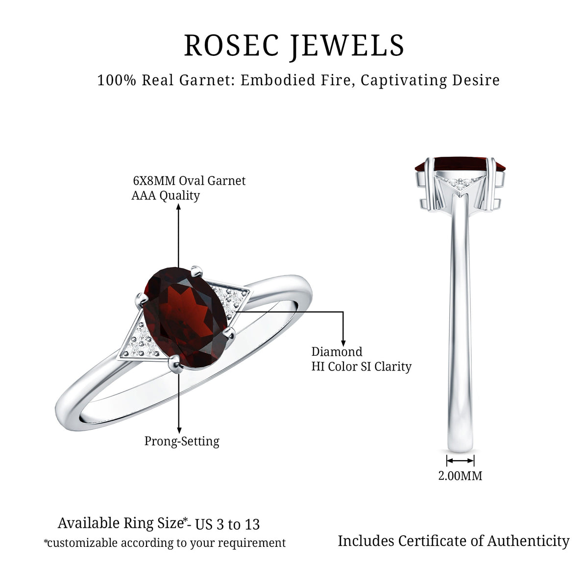 Natural Oval Garnet Engagement Ring with Diamond Trio AAA - Rosec Jewels