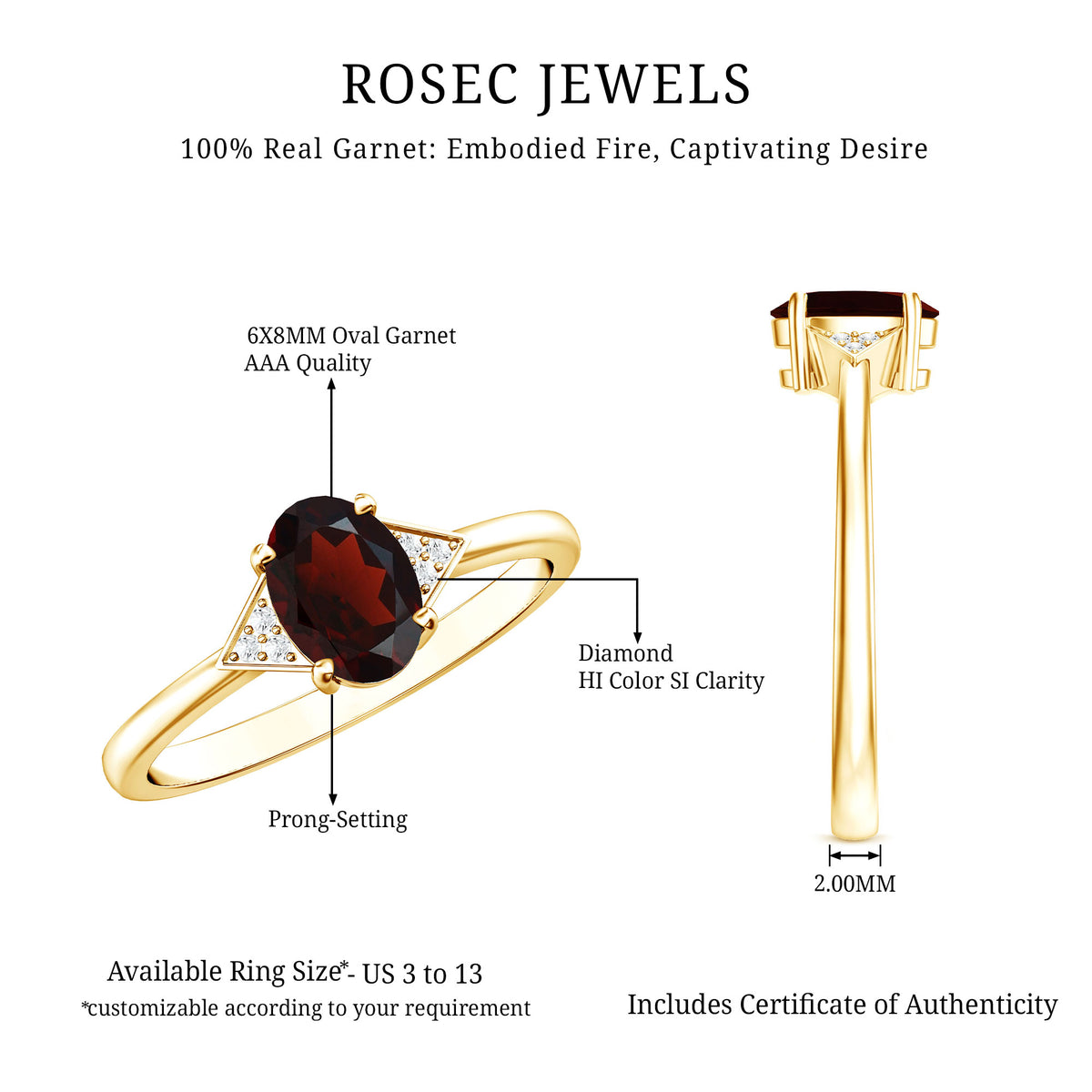 Natural Oval Garnet Engagement Ring with Diamond Trio AAA - Rosec Jewels