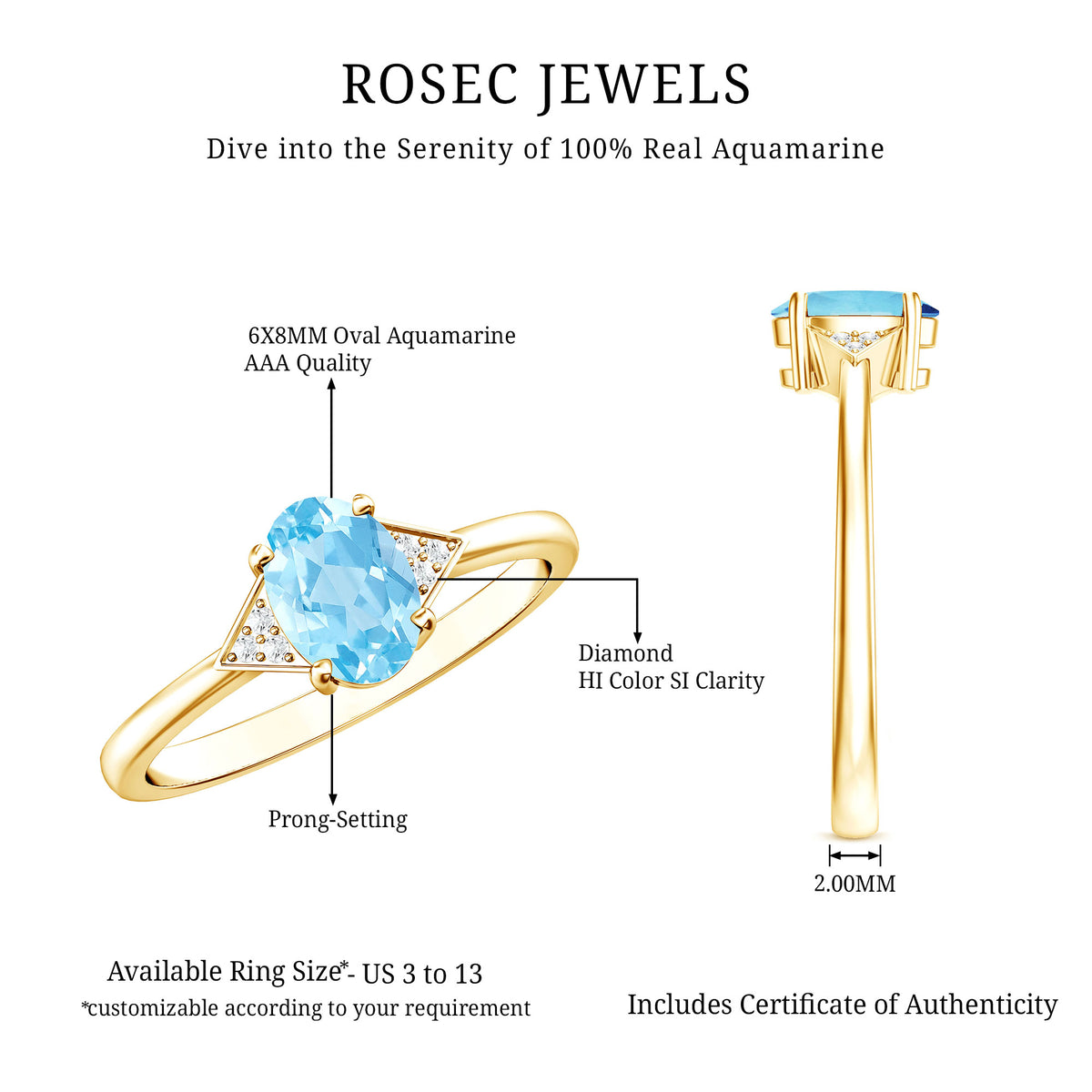 Genuine 1 Carat Aquamarine Oval Engagement Ring with Diamond AAA - Rosec Jewels