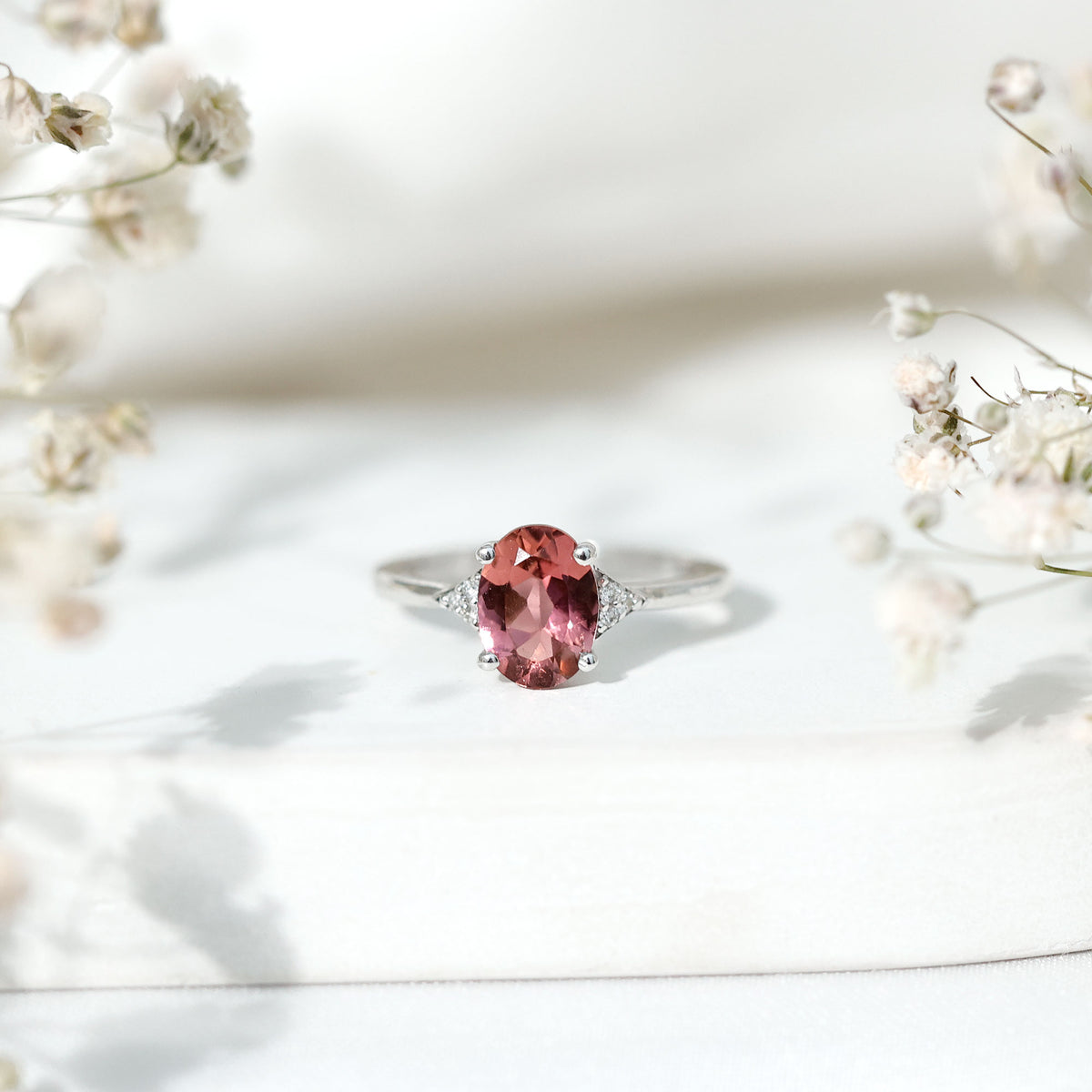 1 Carat Pink Tourmaline Oval Engagement Ring with Diamond AAA - Rosec Jewels