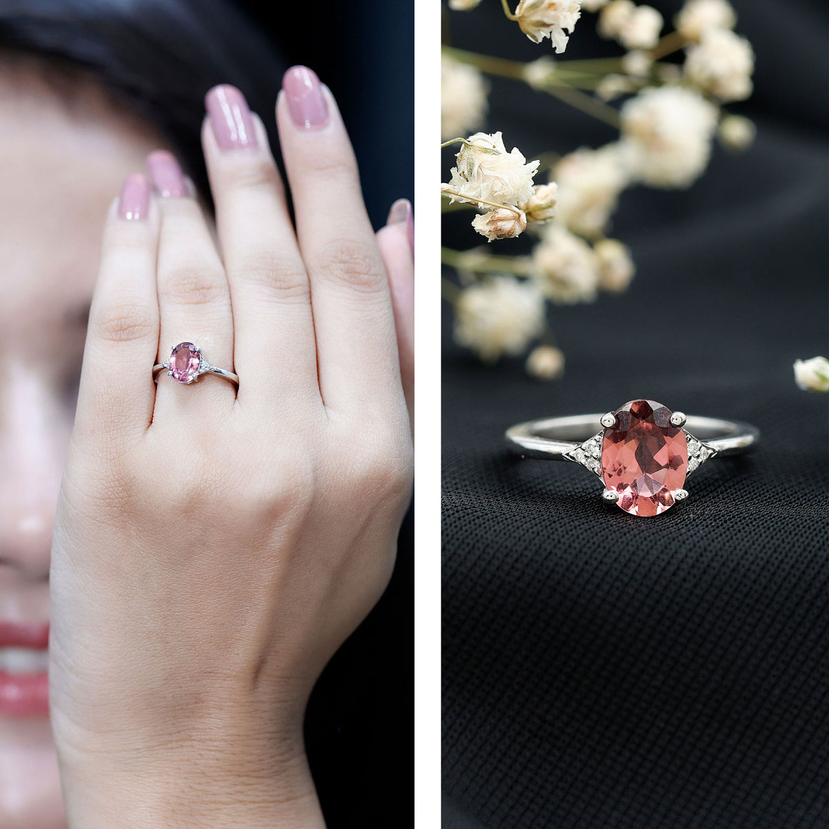 1 Carat Pink Tourmaline Oval Engagement Ring with Diamond AAA - Rosec Jewels