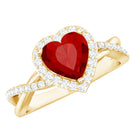 Rosec Jewels-Heart Shaped Lab Created Ruby Crossover Engagement Ring with Natural Diamonds