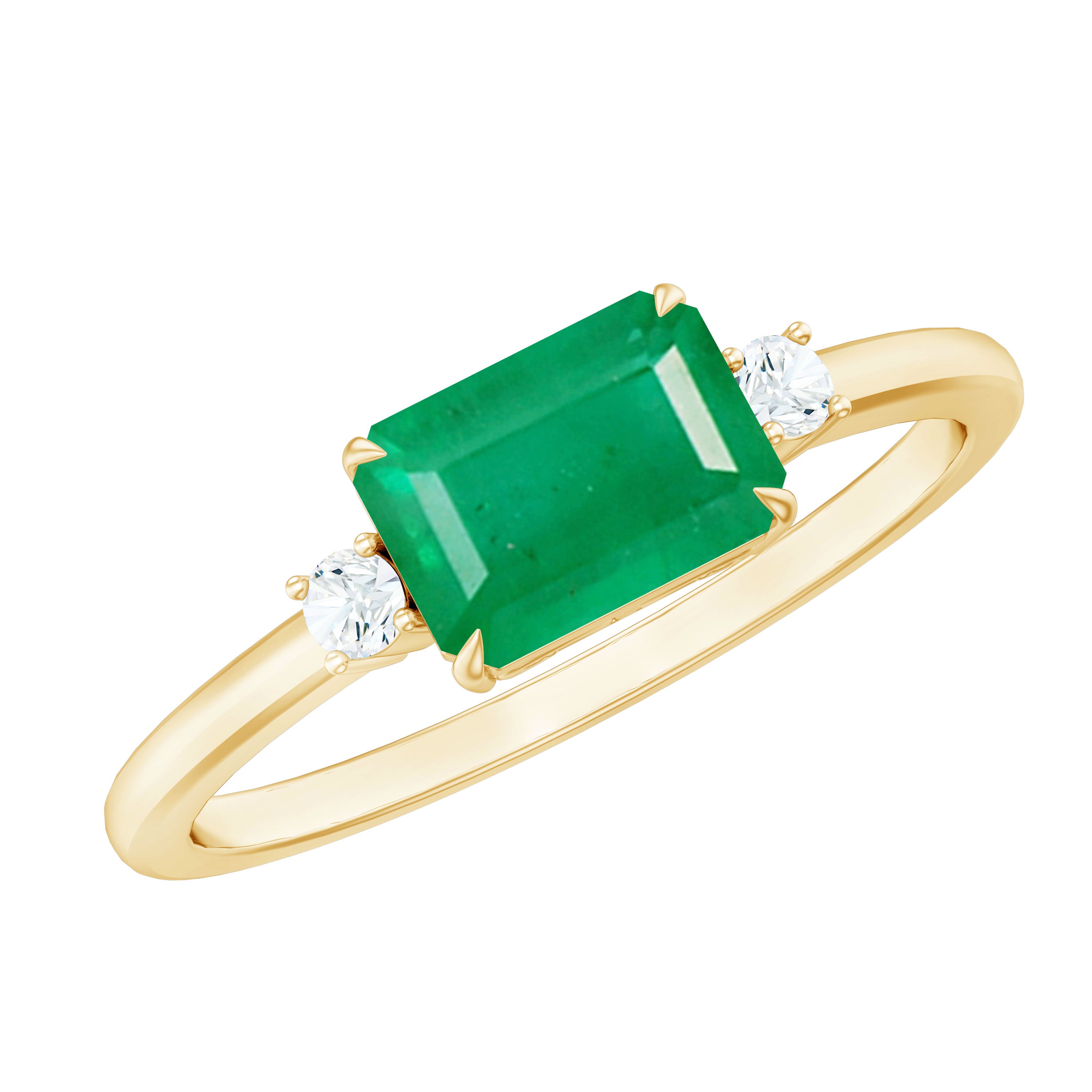 Rosec Jewels-Real Emerald Cut Emerald East West Engagement Ring with Diamond