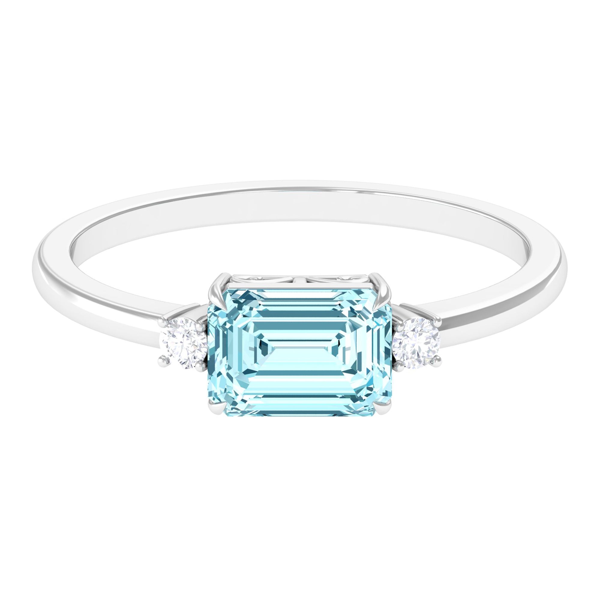 Emerald Cut Aquamarine Solitaire Engagement Ring in East West Style with Diamond Aquamarine - ( AAA ) - Quality - Rosec Jewels