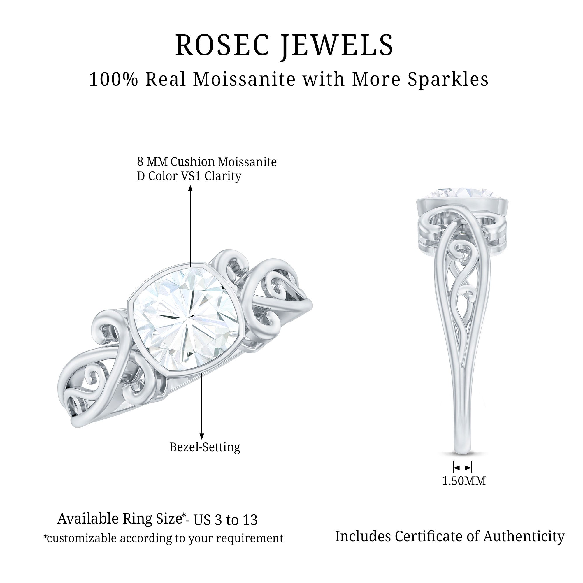Rosec Jewels-Vintage Style Cushion Moissanite Solitaire Ring in Bezel Setting