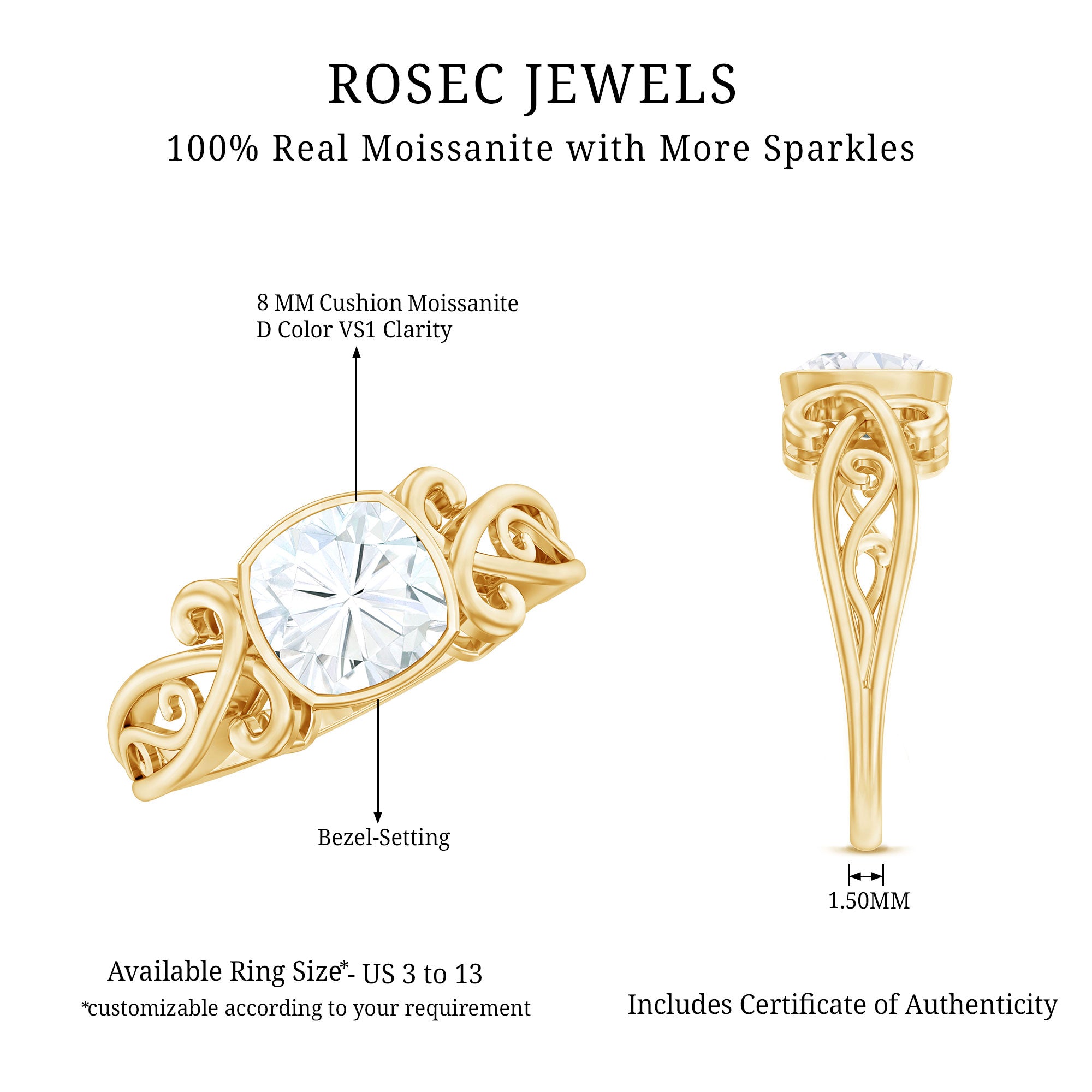 Rosec Jewels-Vintage Style Cushion Moissanite Solitaire Ring in Bezel Setting