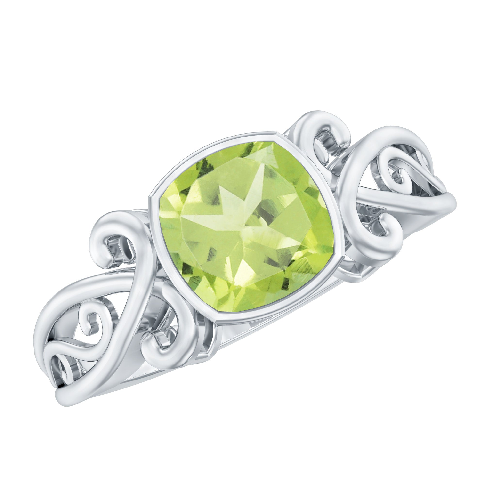 Vintage Style Cushion Cut Peridot Solitaire Ring in Bezel Setting