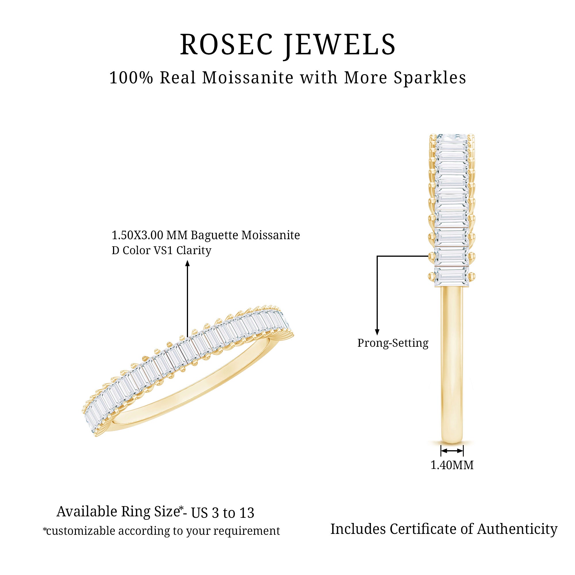 Rosec Jewels-Certified Baguette Moissanite Half Eternity Anniversary Band Ring