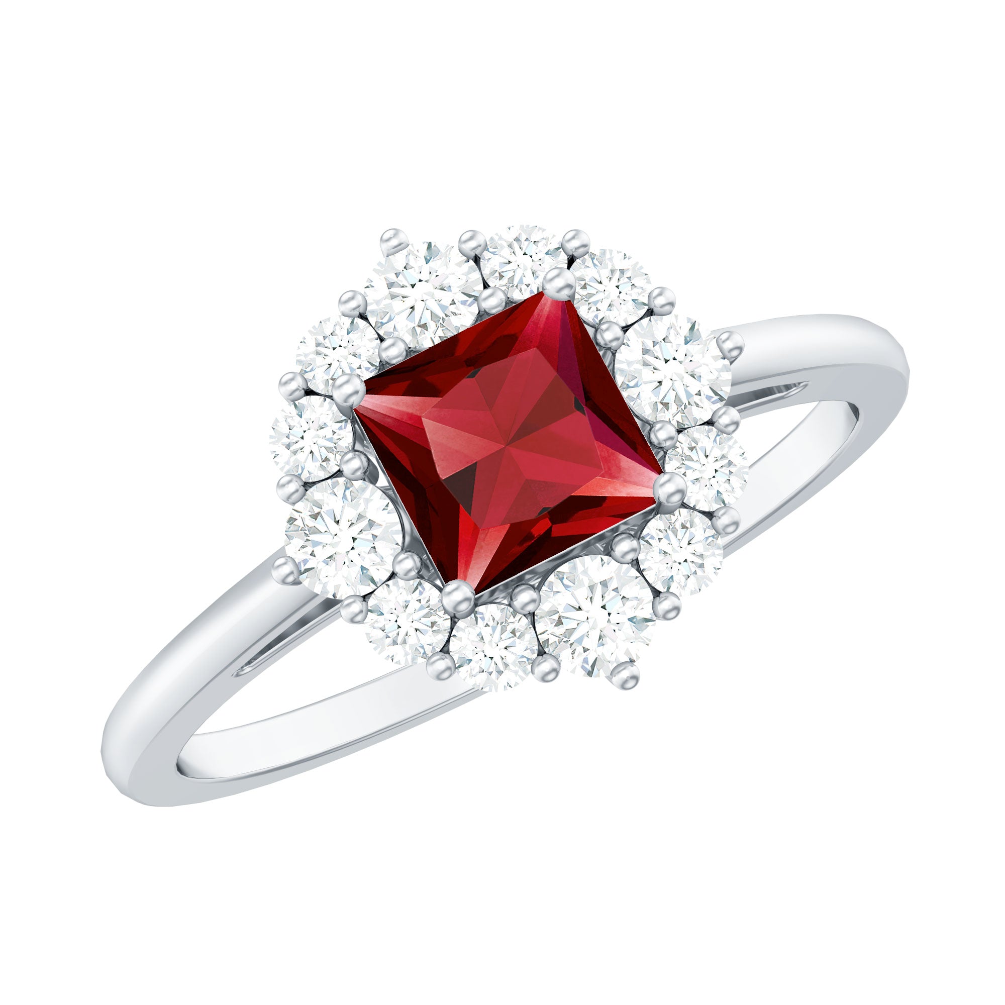 Certified Lab Grown Ruby Princess Cut Engagement Ring with Diamond Halo AAAA - Rosec Jewels