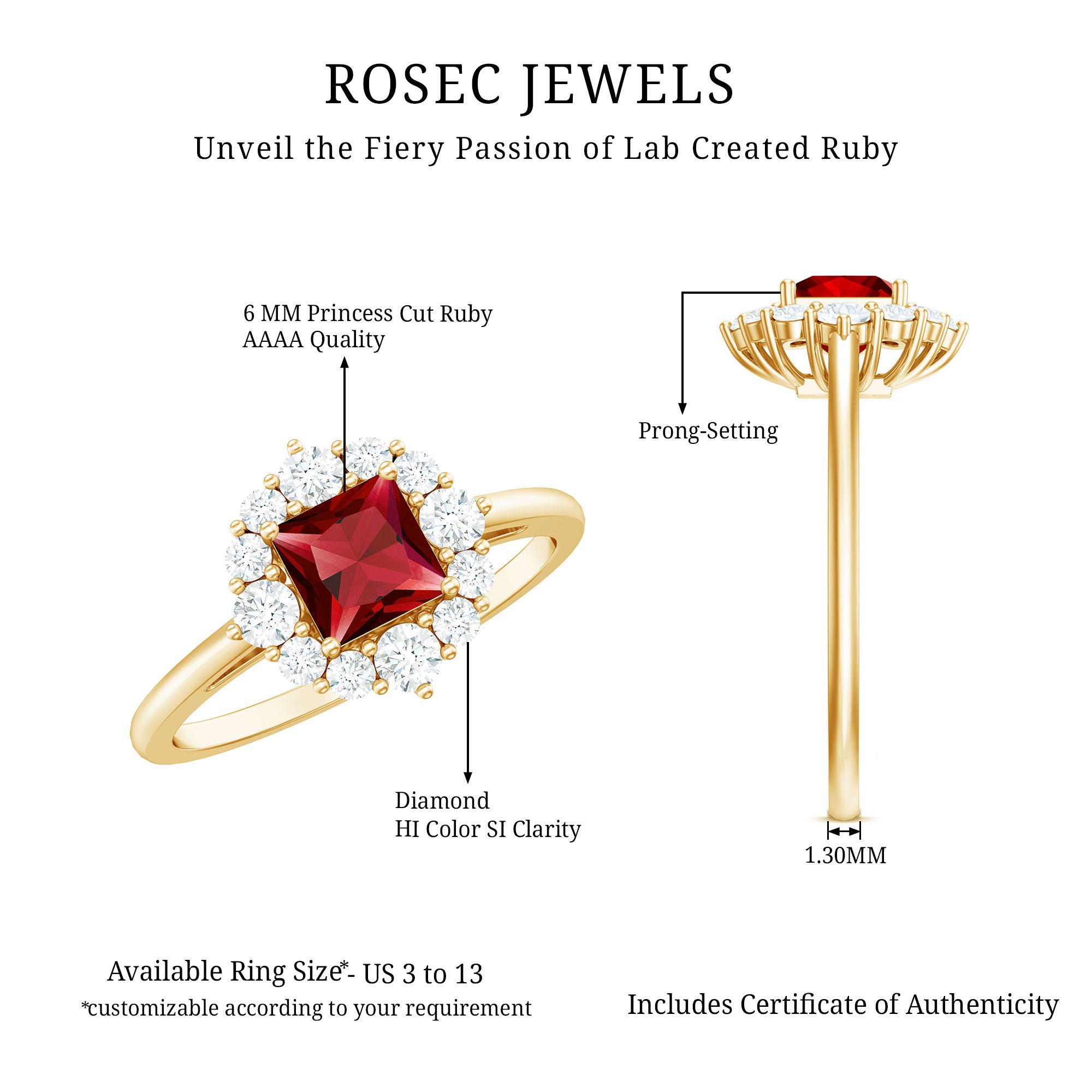 Certified Lab Grown Ruby Princess Cut Engagement Ring with Diamond Halo AAAA - Rosec Jewels