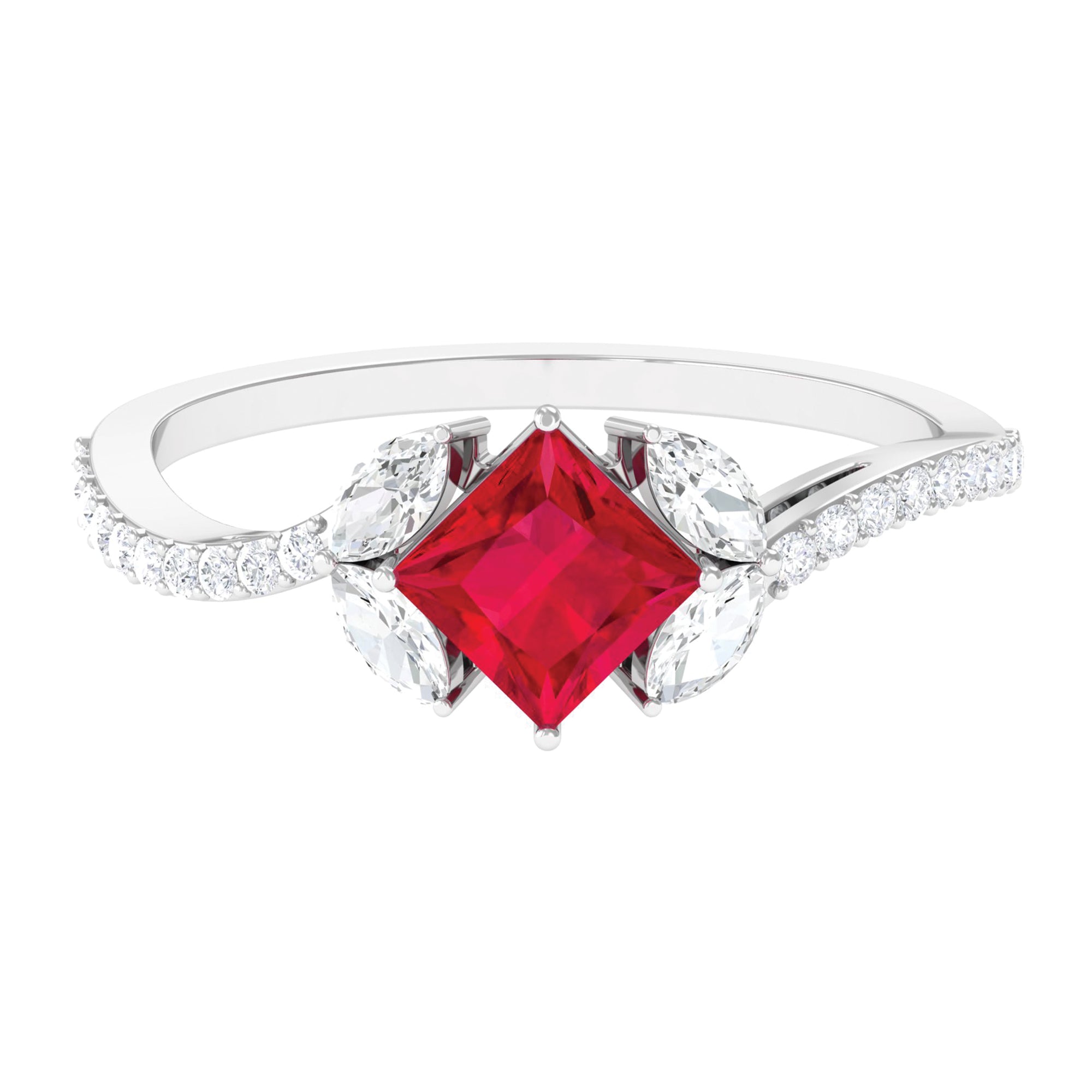 Princess Cut Lab Grown Ruby Solitaire Ring with Diamond AAAA - Rosec Jewels