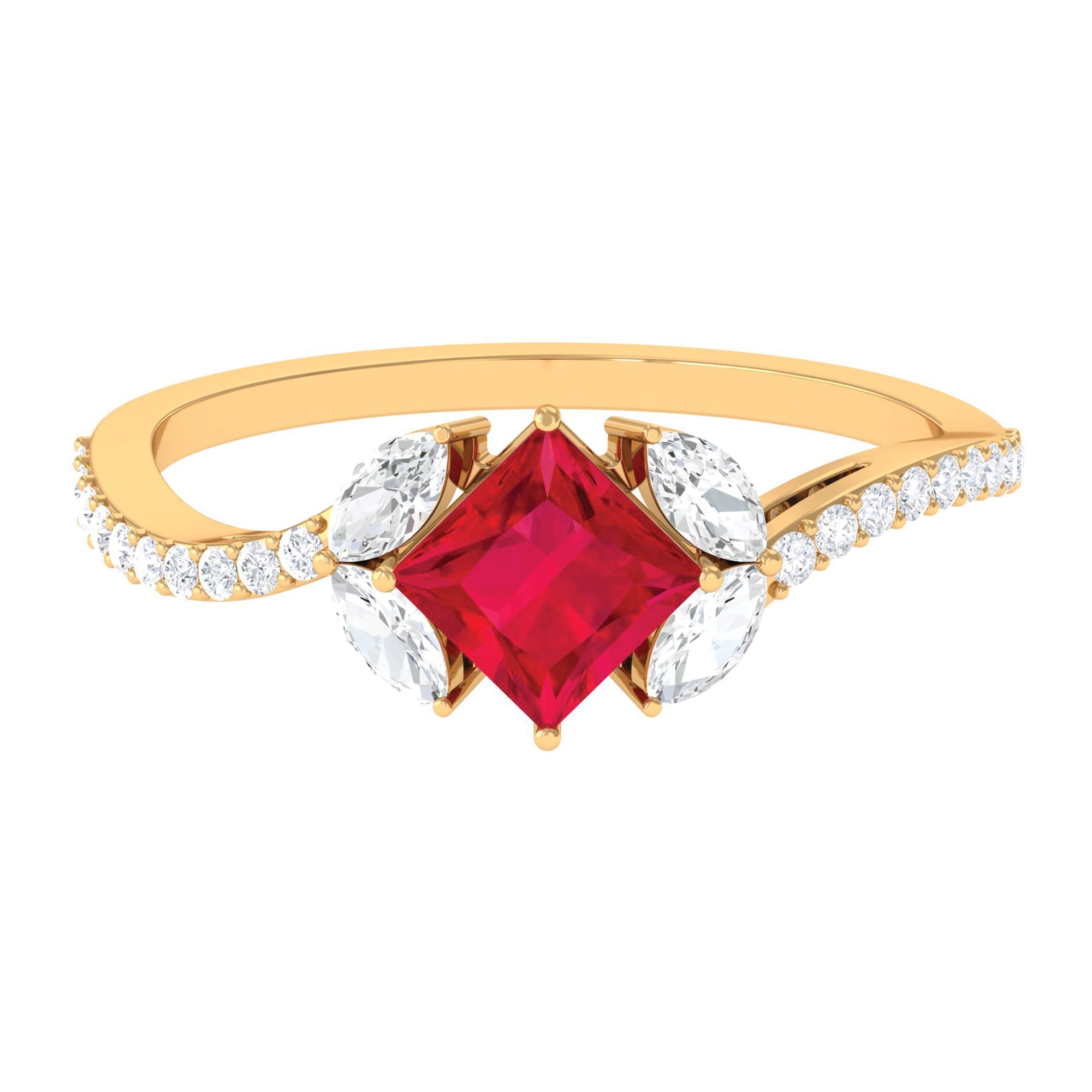 Princess Cut Lab Grown Ruby Solitaire Ring with Diamond AAAA - Rosec Jewels