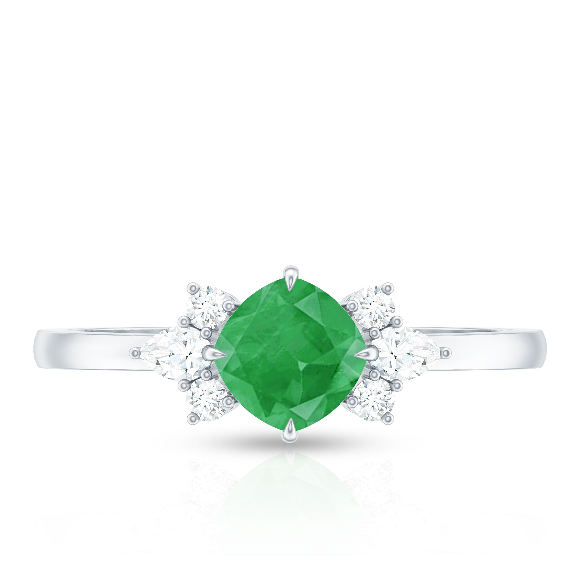 Certified Real Cushion Cut Emerald Engagement Ring with Diamond Trio AAA - Rosec Jewels