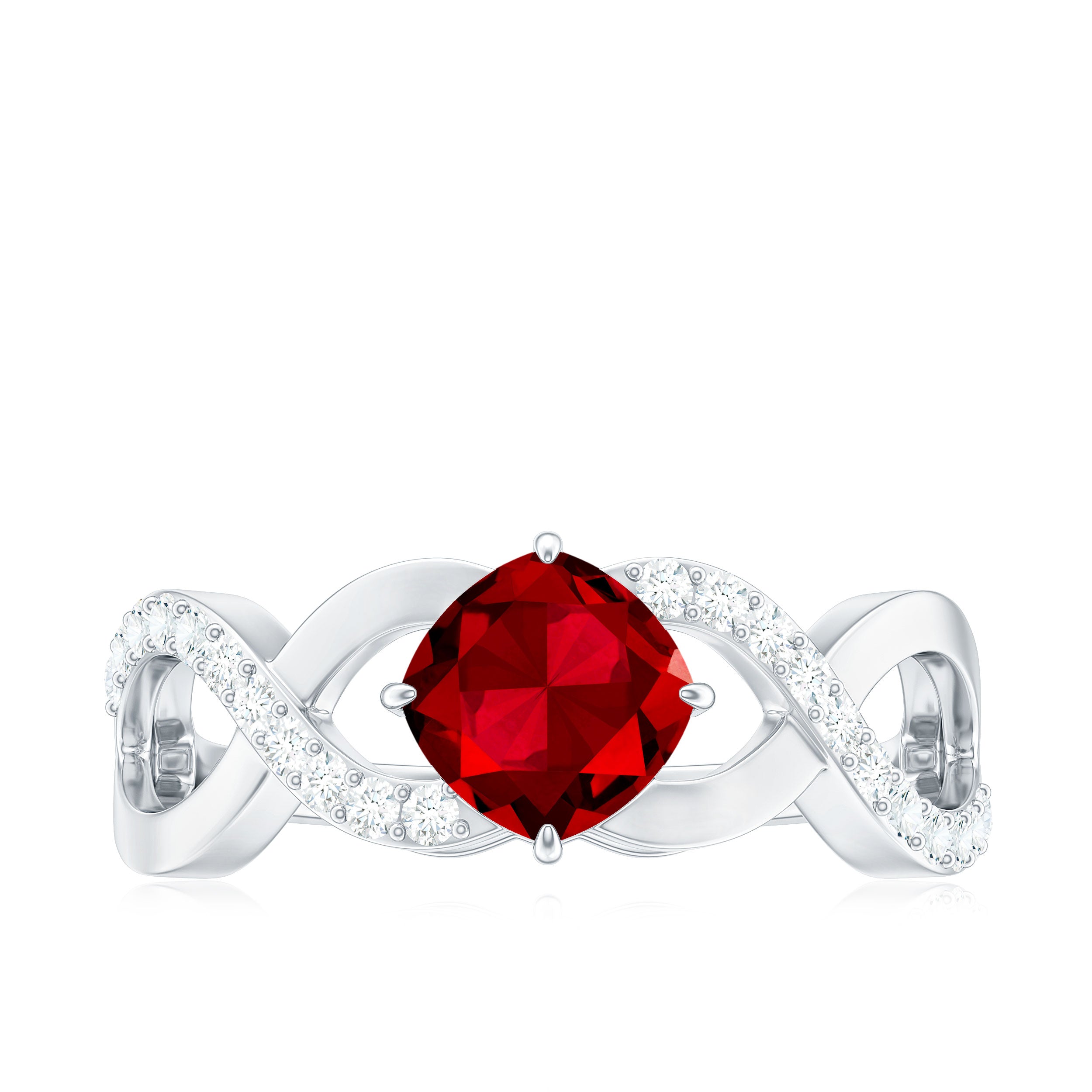 Rosec Jewels-Cushion Cut Lab Grown Ruby and Diamond Crossover Engagement Ring