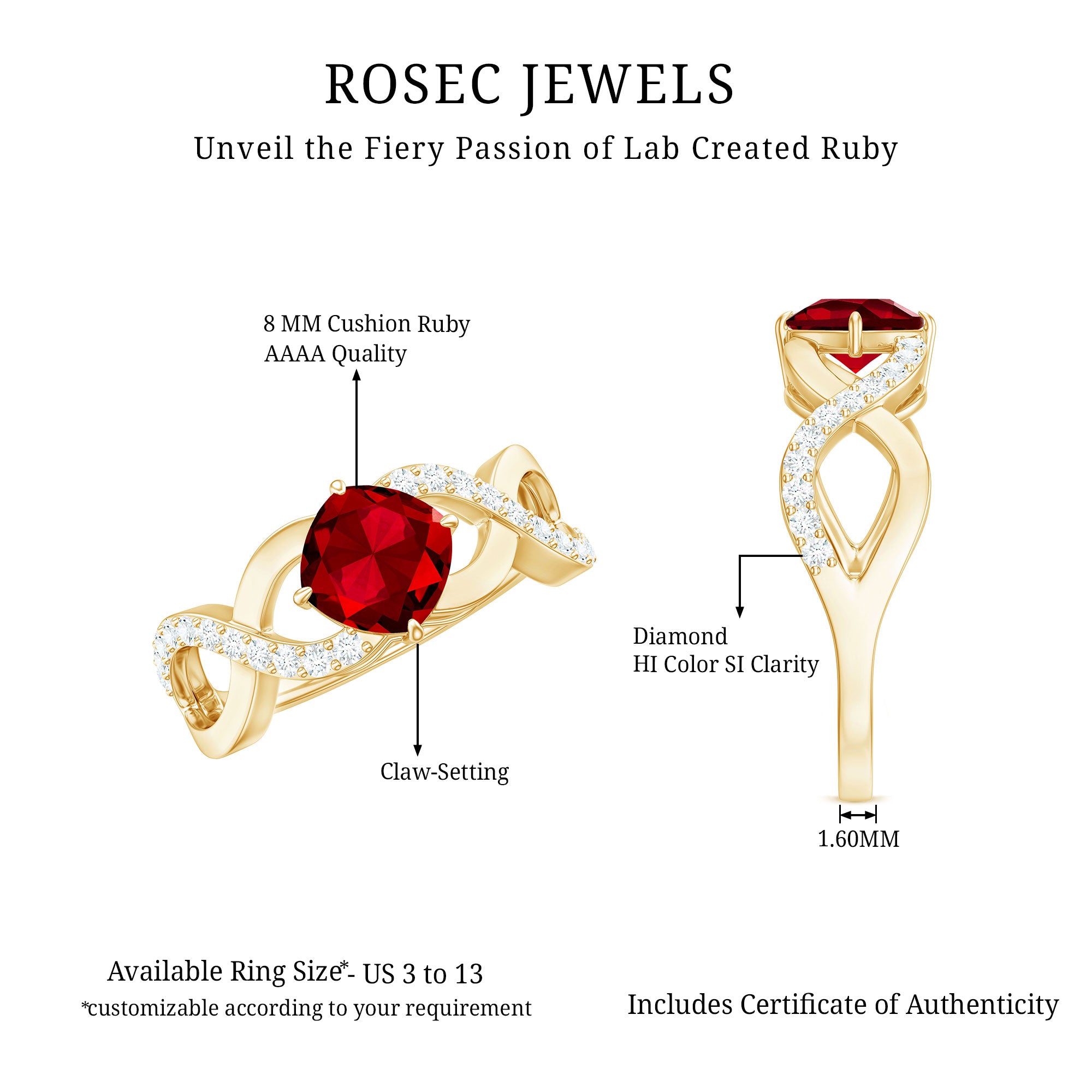 Rosec Jewels-Cushion Cut Lab Grown Ruby and Diamond Crossover Engagement Ring