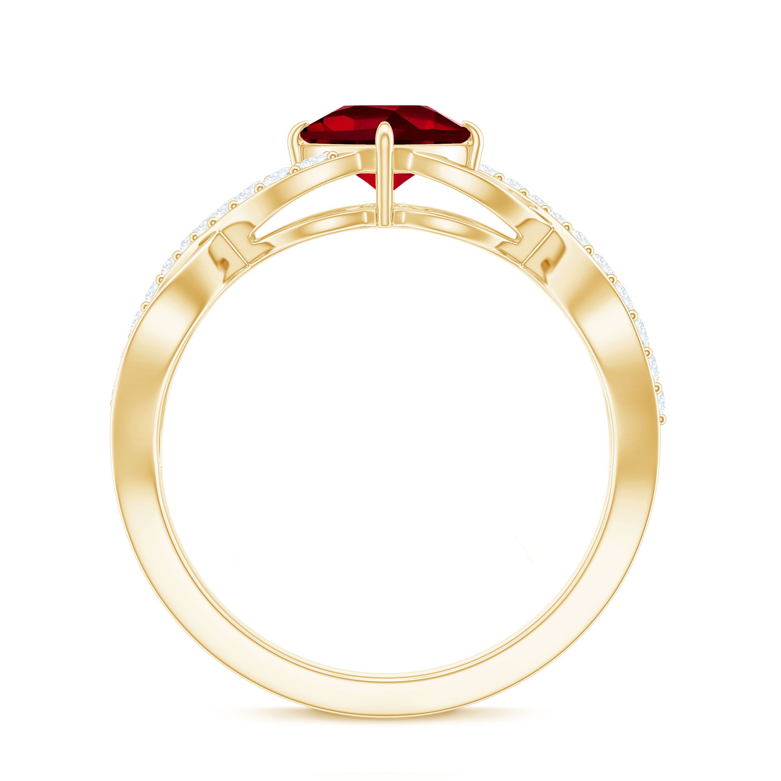 Rosec Jewels-Cushion Cut Lab Grown Ruby and Diamond Crossover Engagement Ring