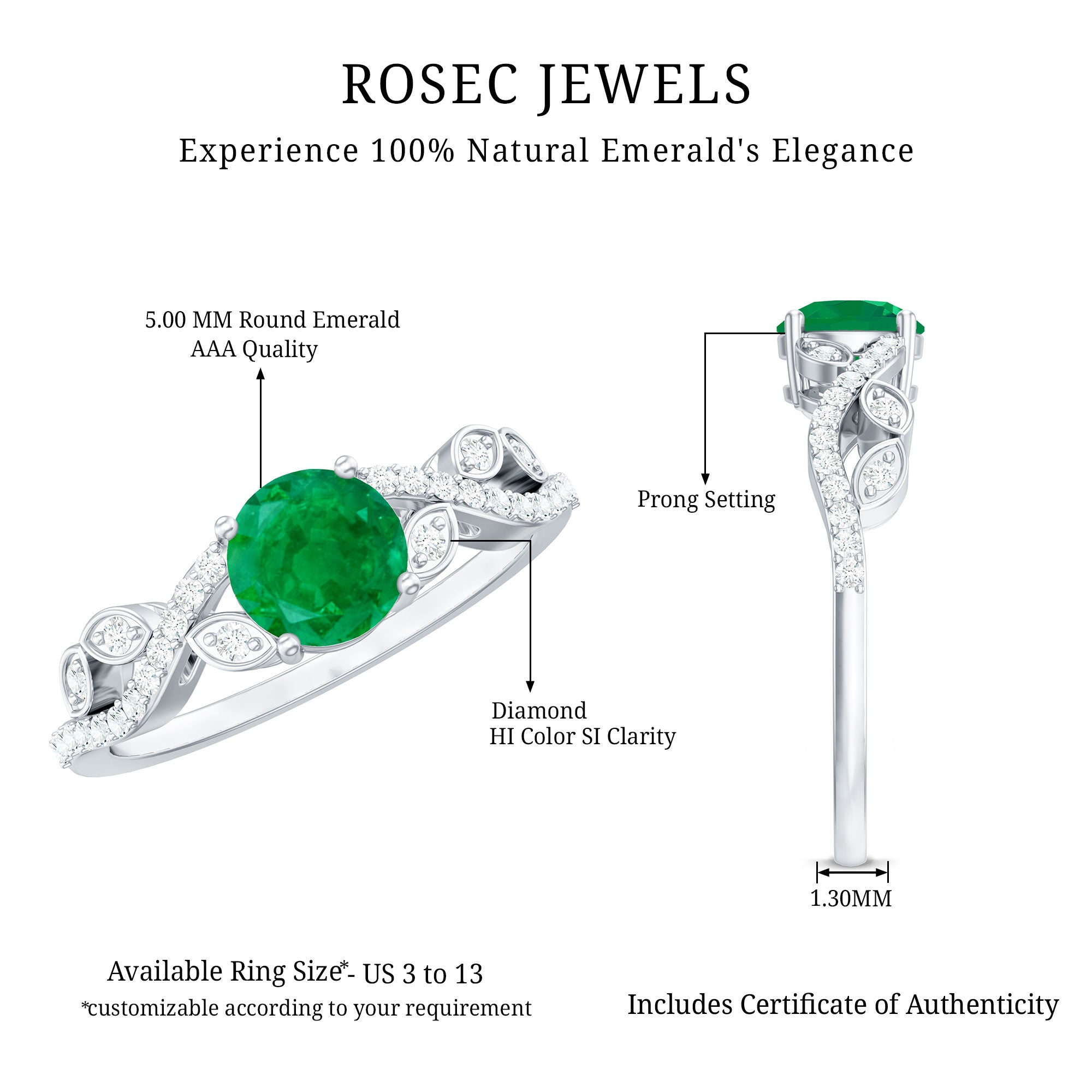 Nature Inspired Emerald Engagement Ring with Natural Diamond AAA - Rosec Jewels