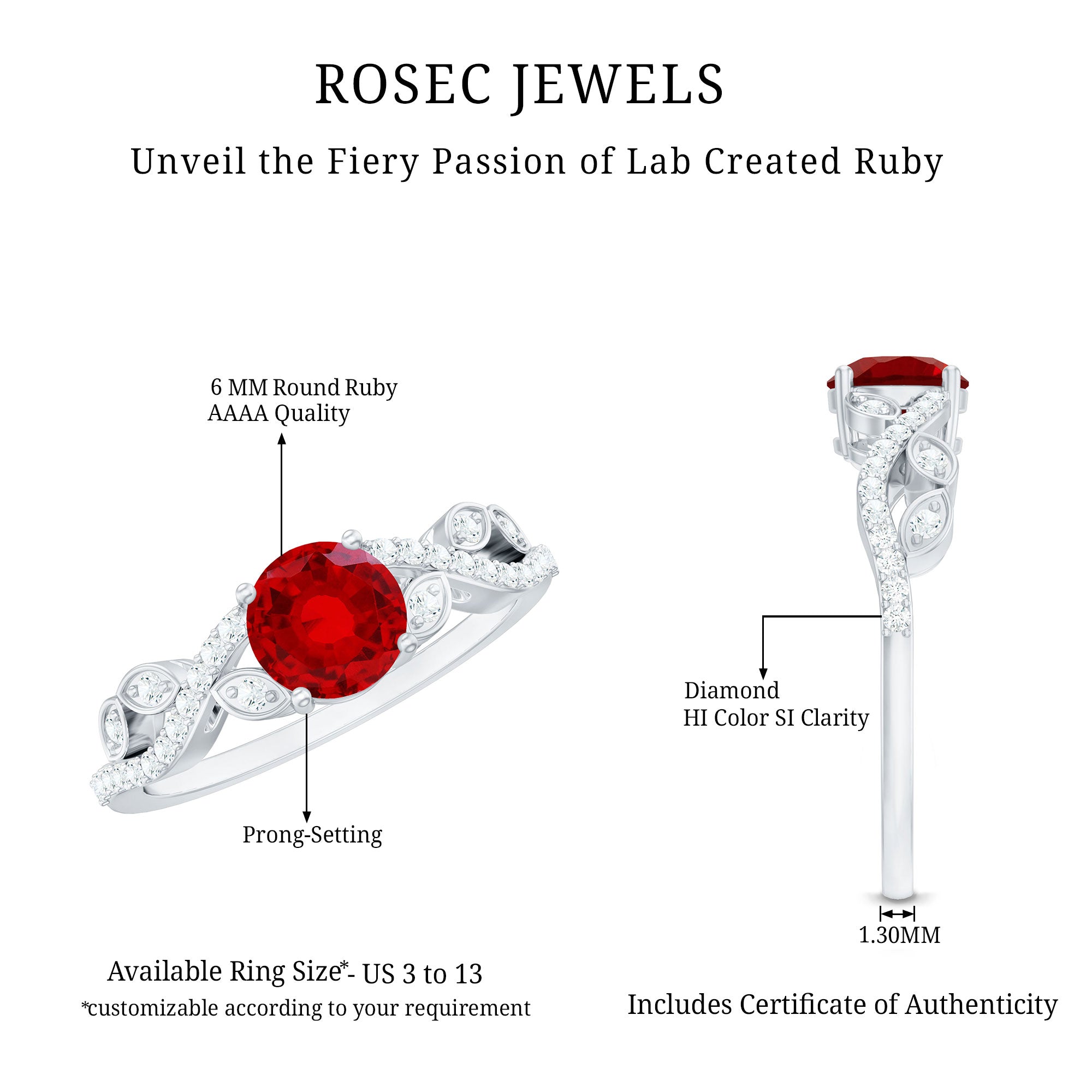 Nature Inspired Lab Created Ruby Engagement Ring with Diamonds AAAA - Rosec Jewels