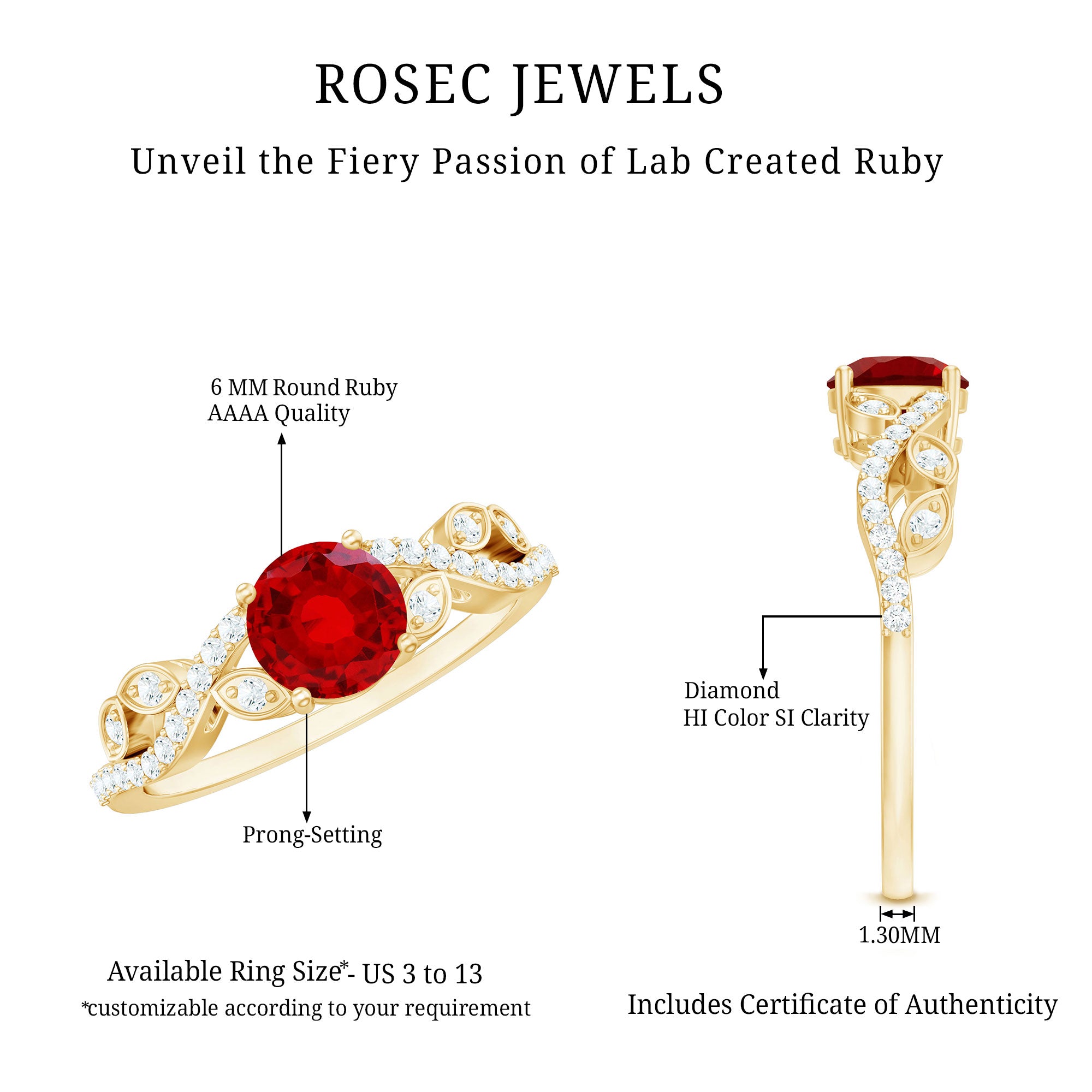 Nature Inspired Lab Created Ruby Engagement Ring with Diamonds AAAA - Rosec Jewels