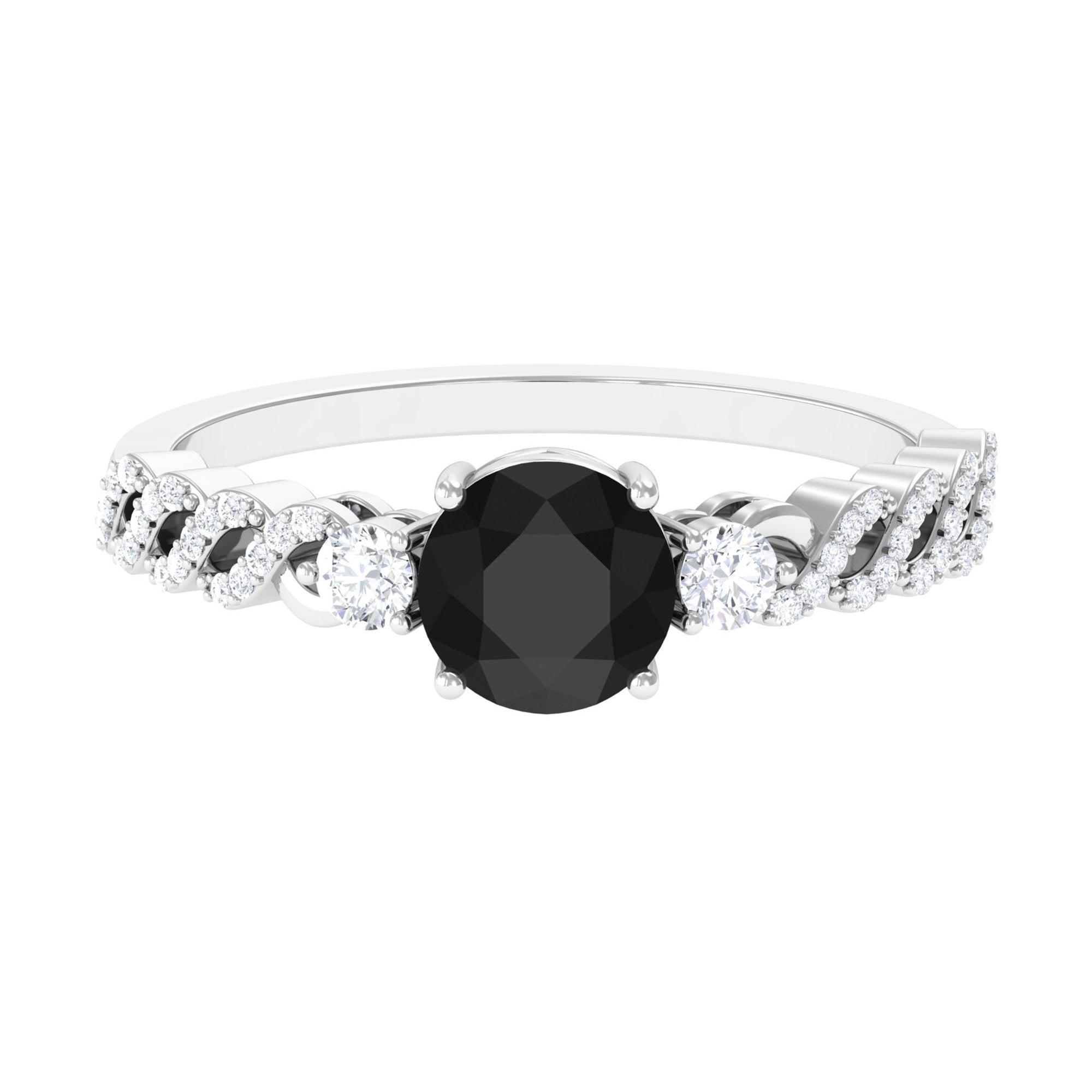 Round Shape Black Spinel Designer Engagement Ring with Diamond Side Stones Black Spinel - ( AAA ) - Quality - Rosec Jewels