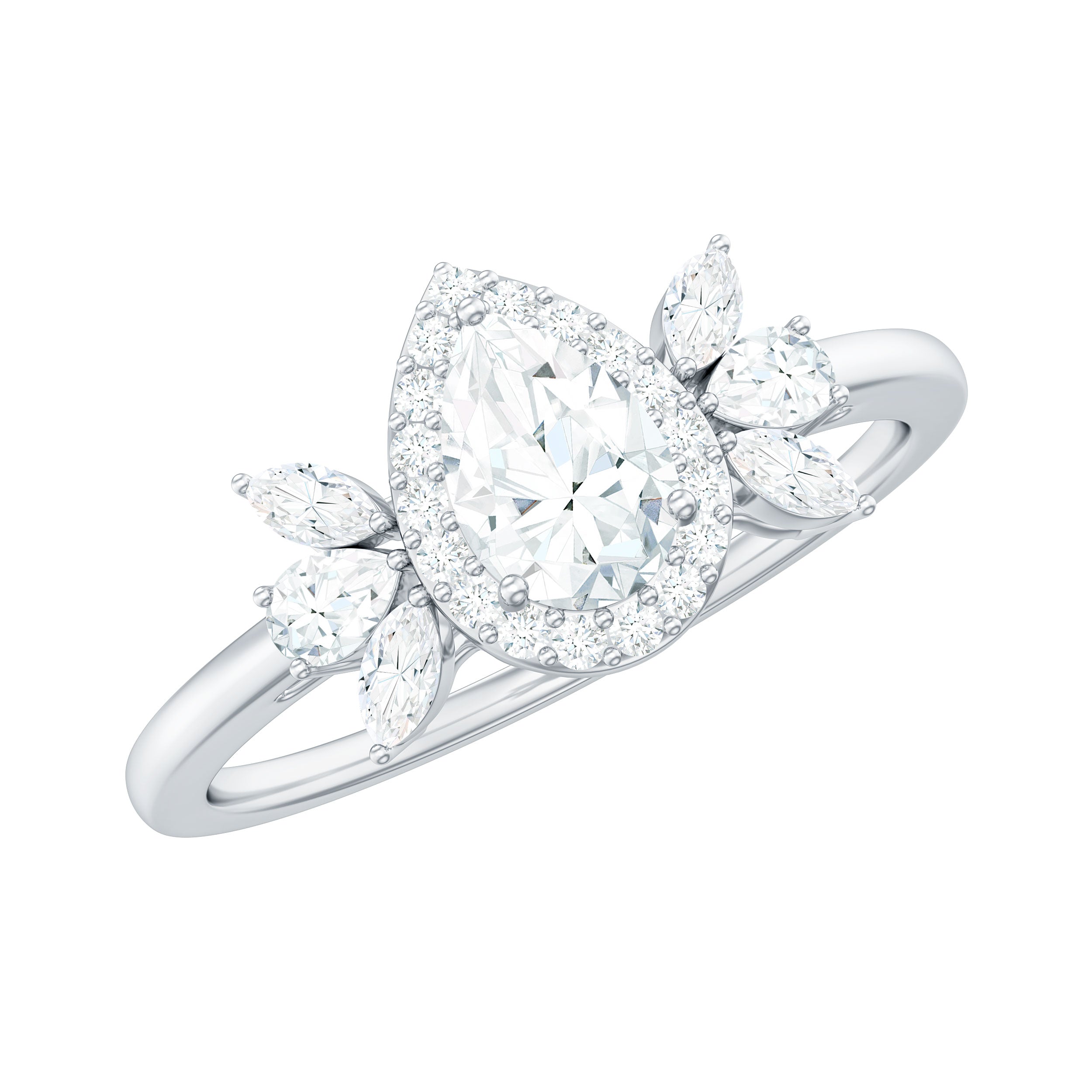 Pear Shaped Moissanite Halo Engagement Ring with Trio