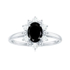 Oval Black Spinel Floral Halo Engagement Ring with Diamond Black Spinel - ( AAA ) - Quality - Rosec Jewels