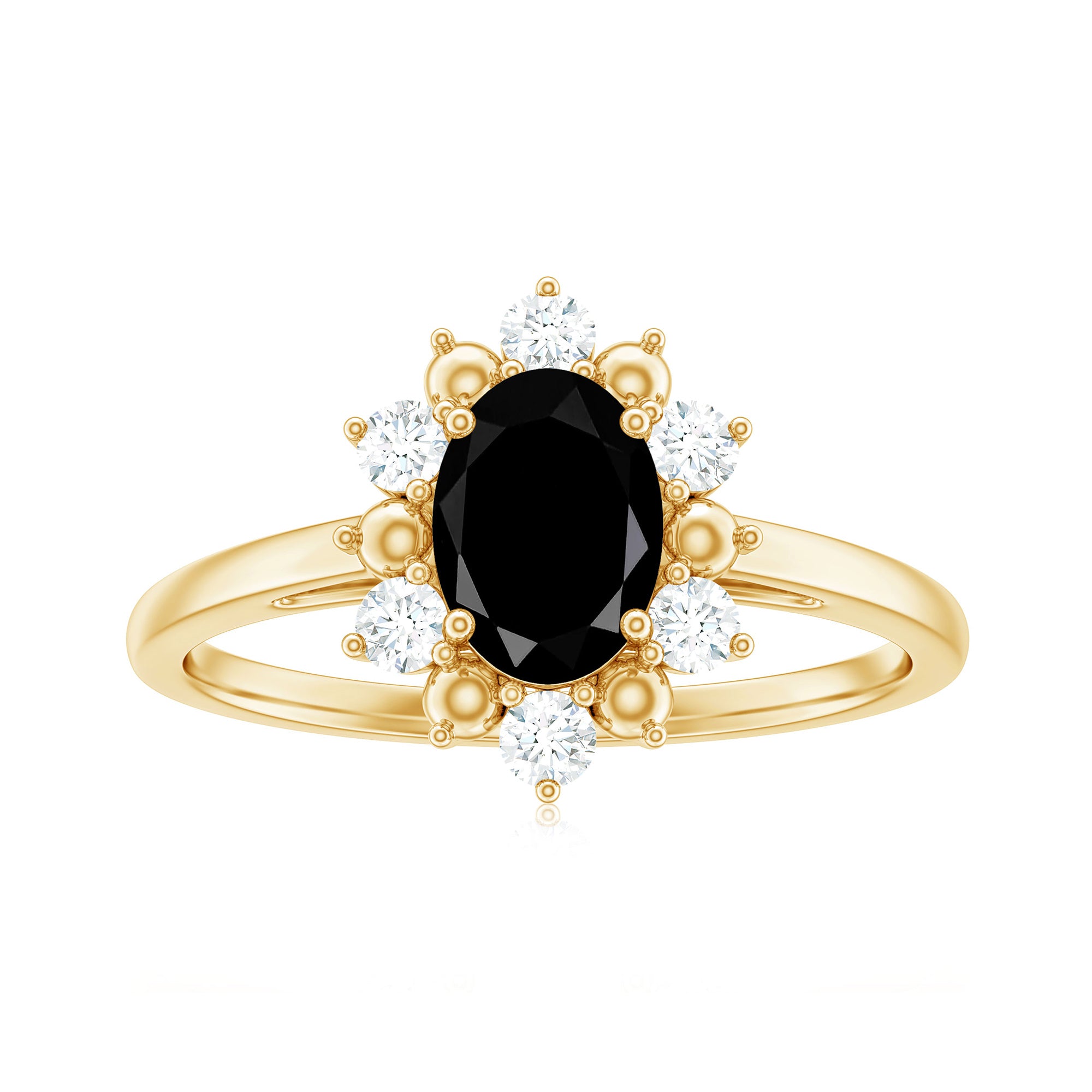 Oval Black Spinel Floral Halo Engagement Ring with Diamond Black Spinel - ( AAA ) - Quality - Rosec Jewels