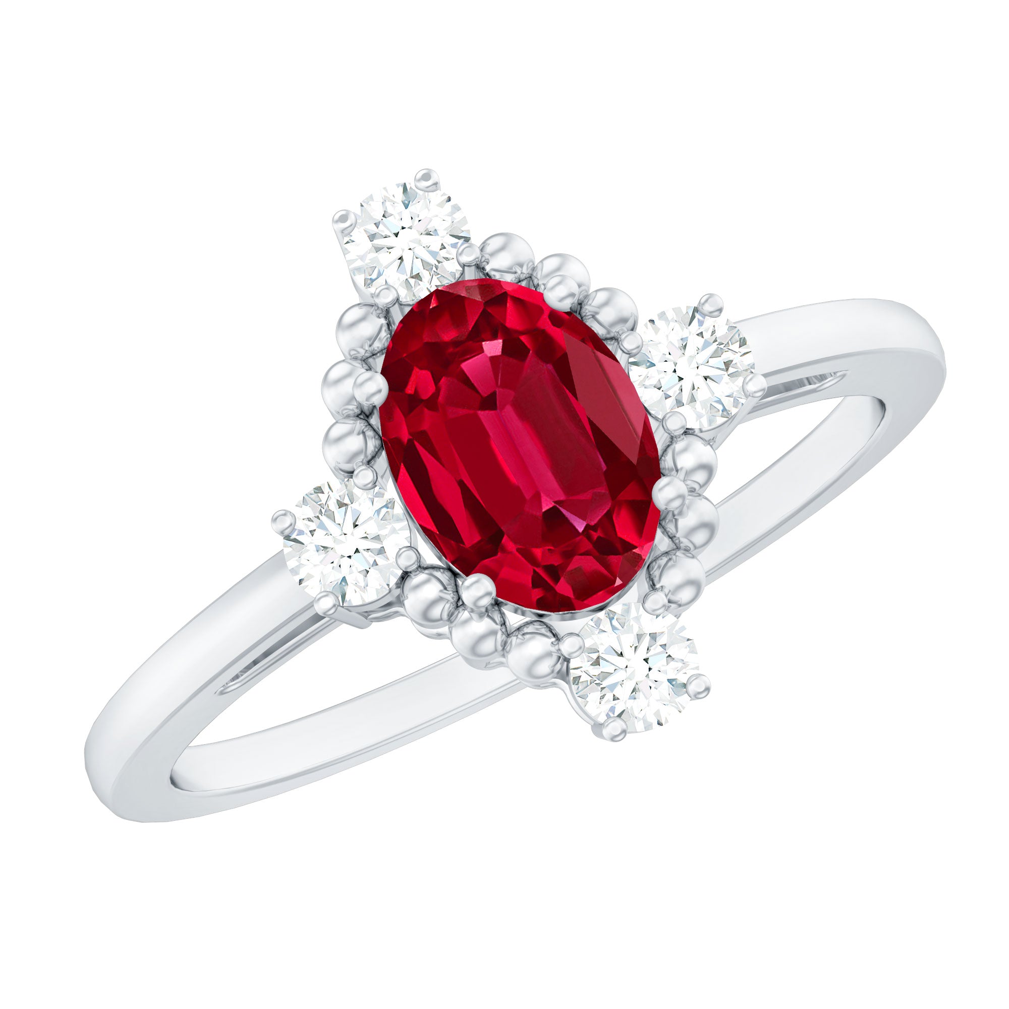 Vintage Inspired Lab Grown Ruby Oval Engagement Ring with Diamonds