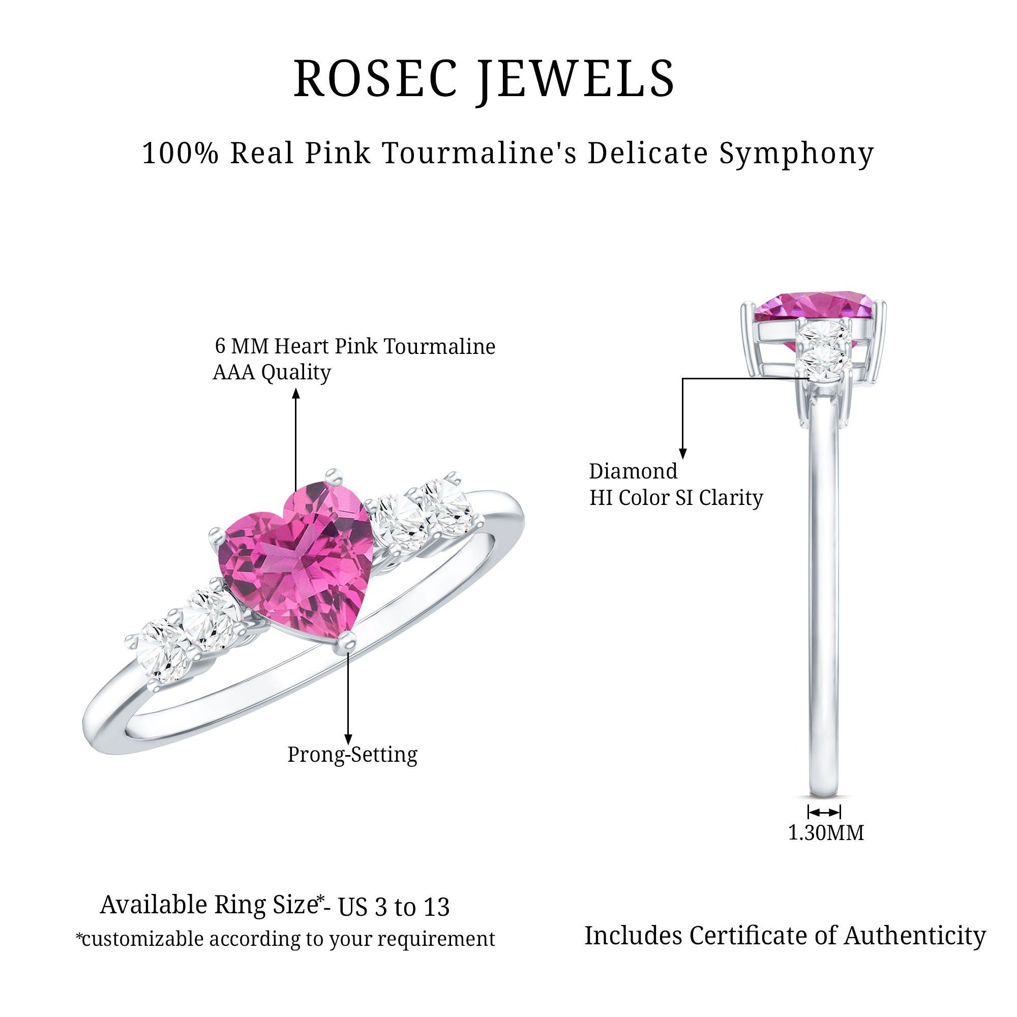 Heart Shape Pink Tourmaline Solitaire Promise Ring with Diamond AAA - Rosec Jewels
