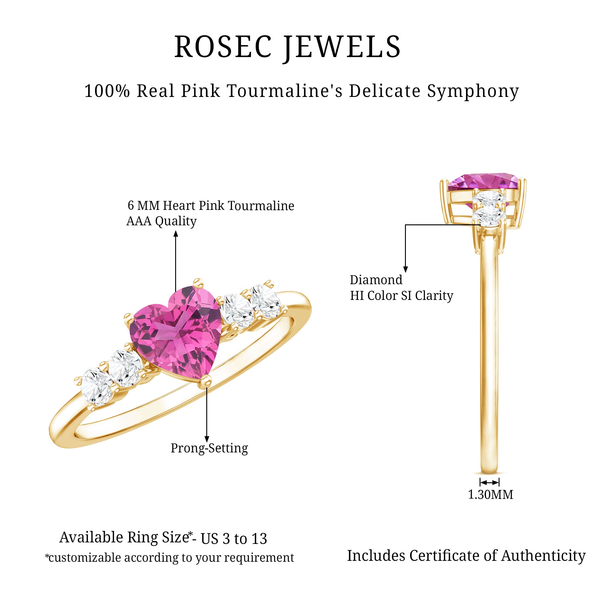 Heart Shape Pink Tourmaline Solitaire Promise Ring with Diamond AAA - Rosec Jewels