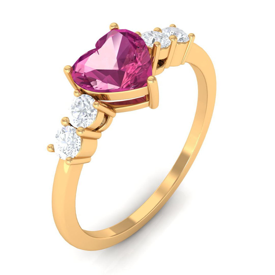 Heart Shape Pink Tourmaline Solitaire Promise Ring with Diamond Pink Tourmaline - ( AAA ) - Quality - Rosec Jewels