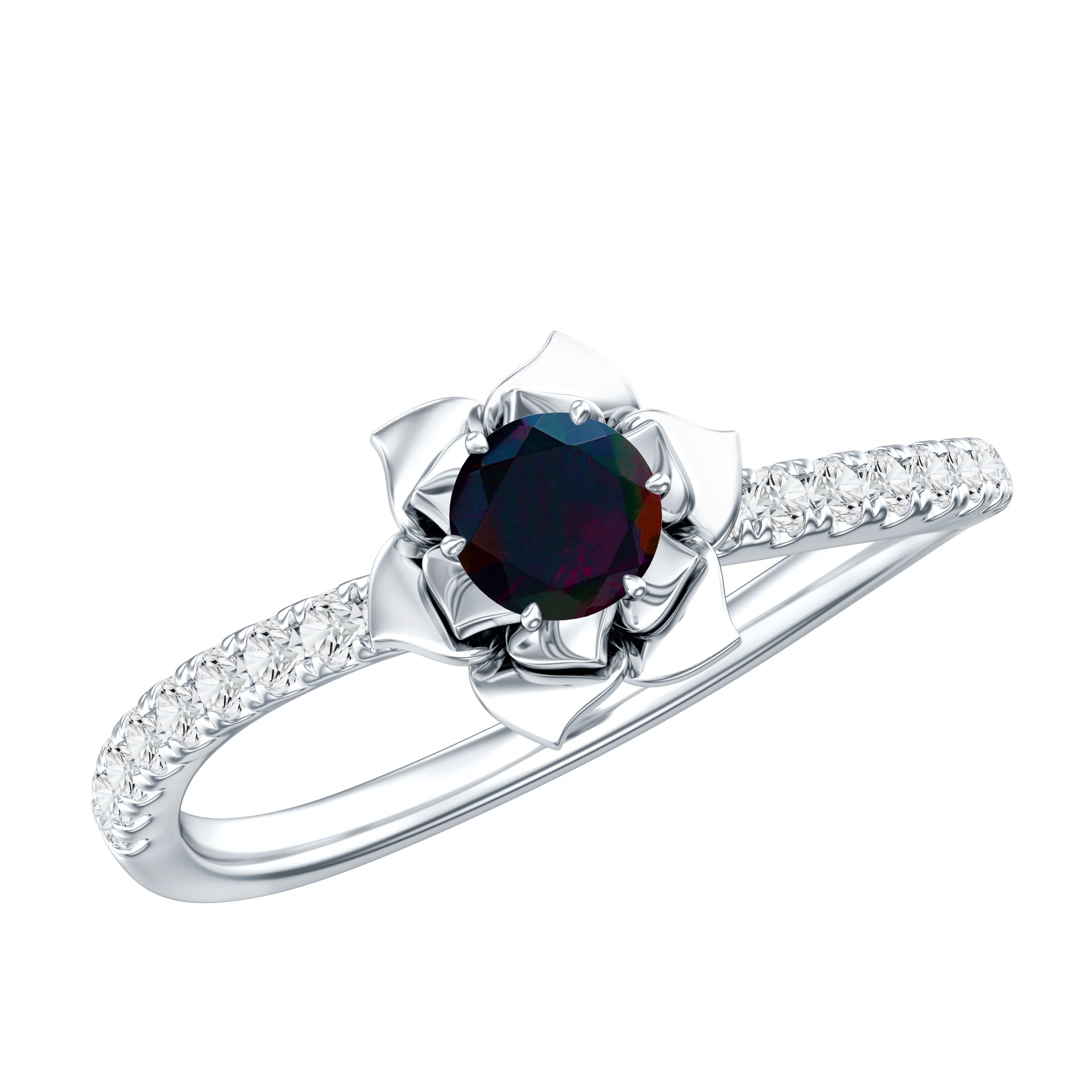 Real Black Opal and Diamond Flower Engagement Ring AAA - Rosec Jewels