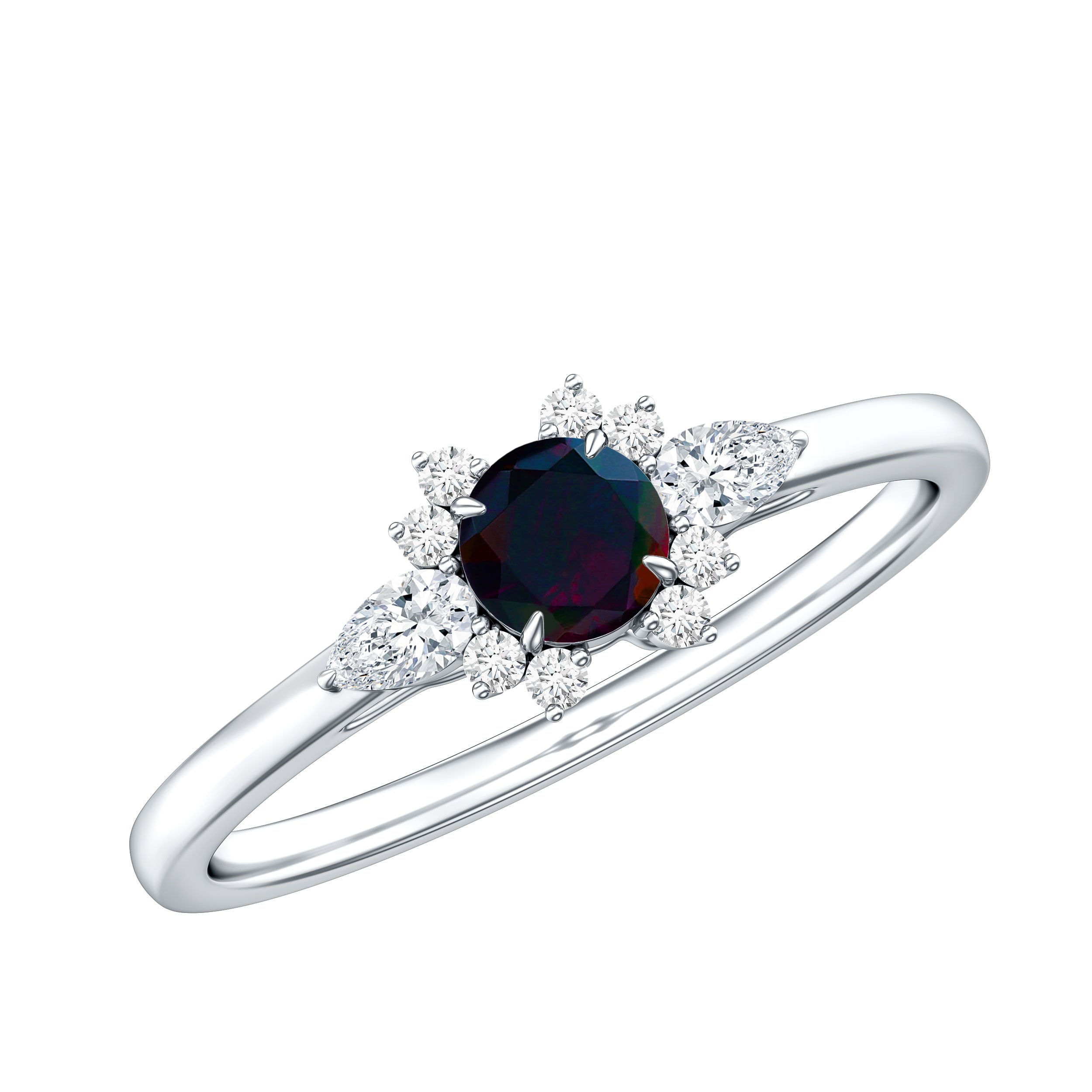 Claw Set Round Black Opal and Diamond Promise Ring