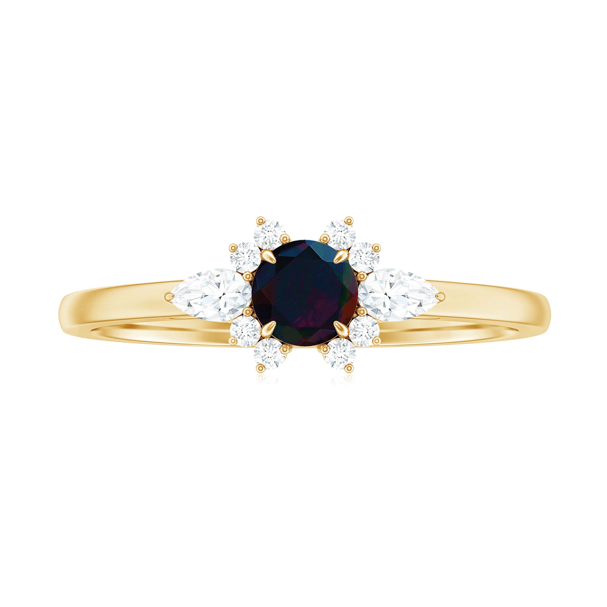 Claw Set Round Black Opal and Diamond Promise Ring AAA - Rosec Jewels