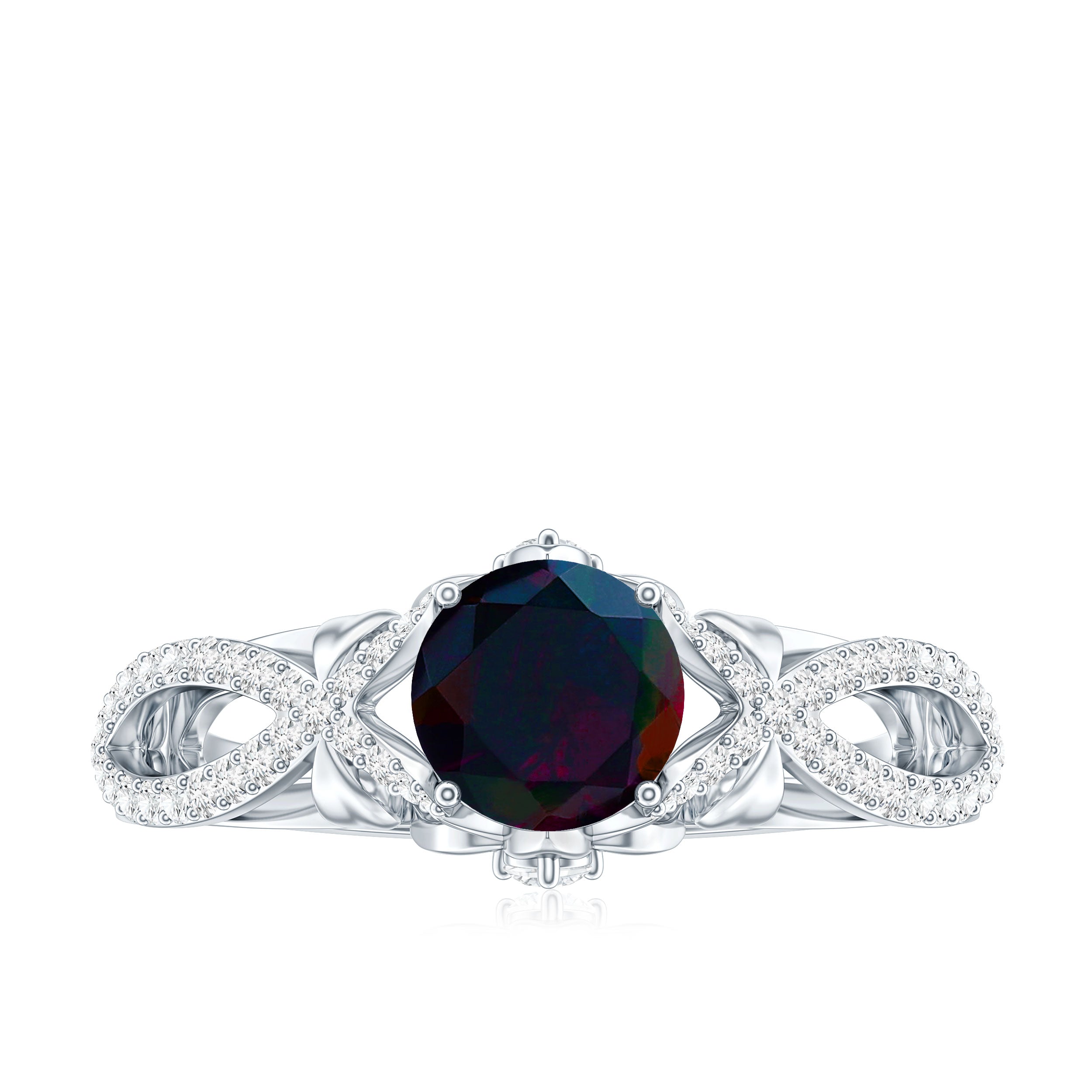 Natural Black Opal Crossover Engagement Ring with Diamond AAA - Rosec Jewels