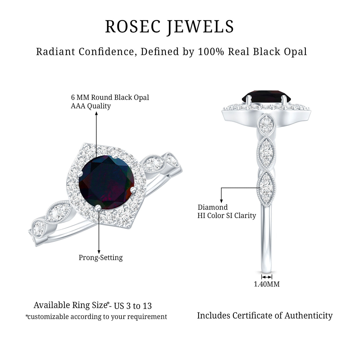 0.8 Carat Black Opal Vintage Engagement Ring with Diamond Accent AAA - Rosec Jewels
